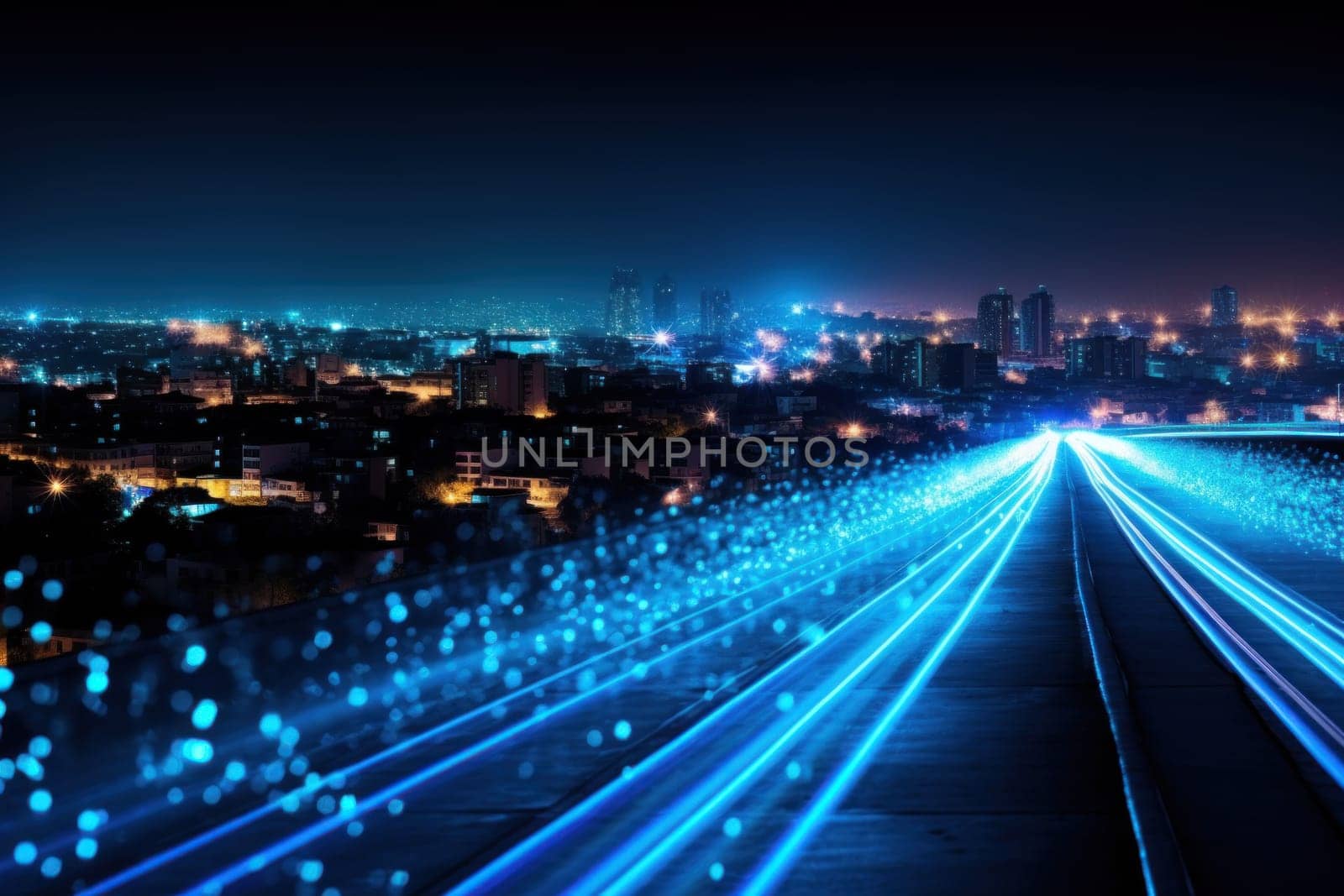 fiber optic speed line, image of modern city network communication concept.