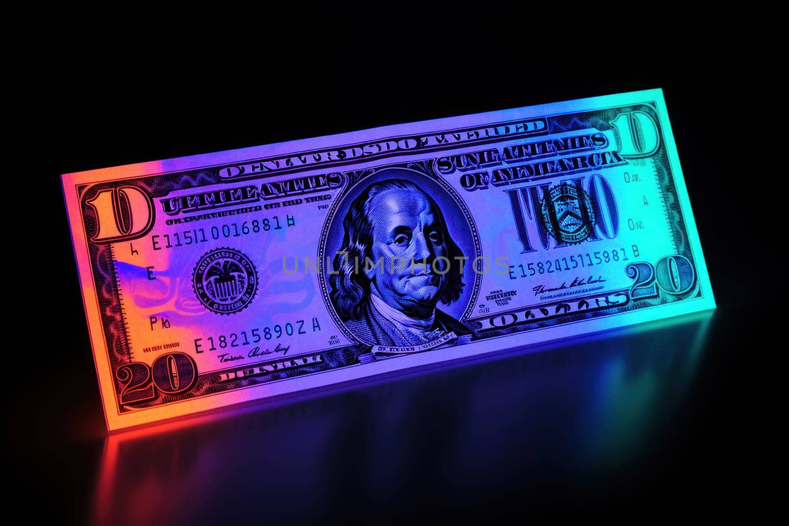 dollar bills falling with Neon colorful background.