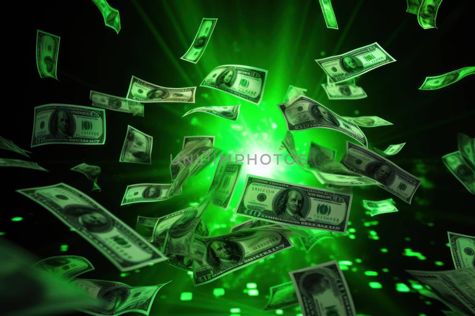 dollar bills falling with colorful abstract background.
