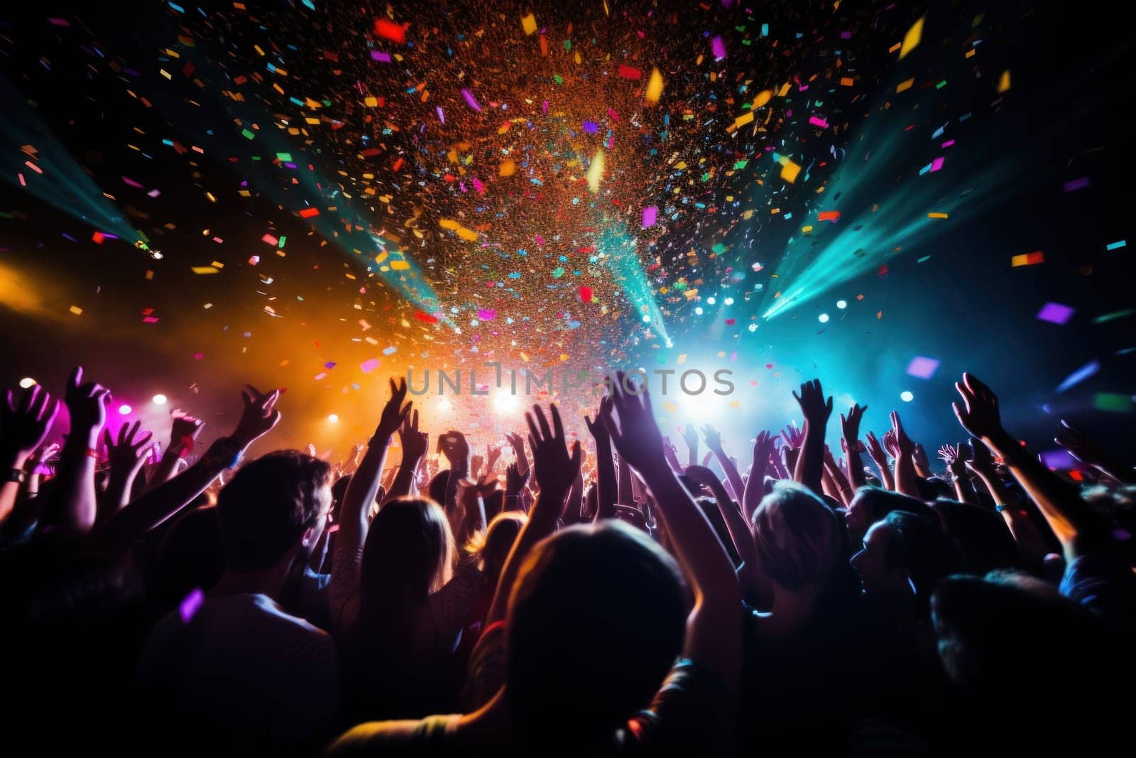 a vibrant concert crowd illuminated by colorful stage lights and surrounded by falling confetti.