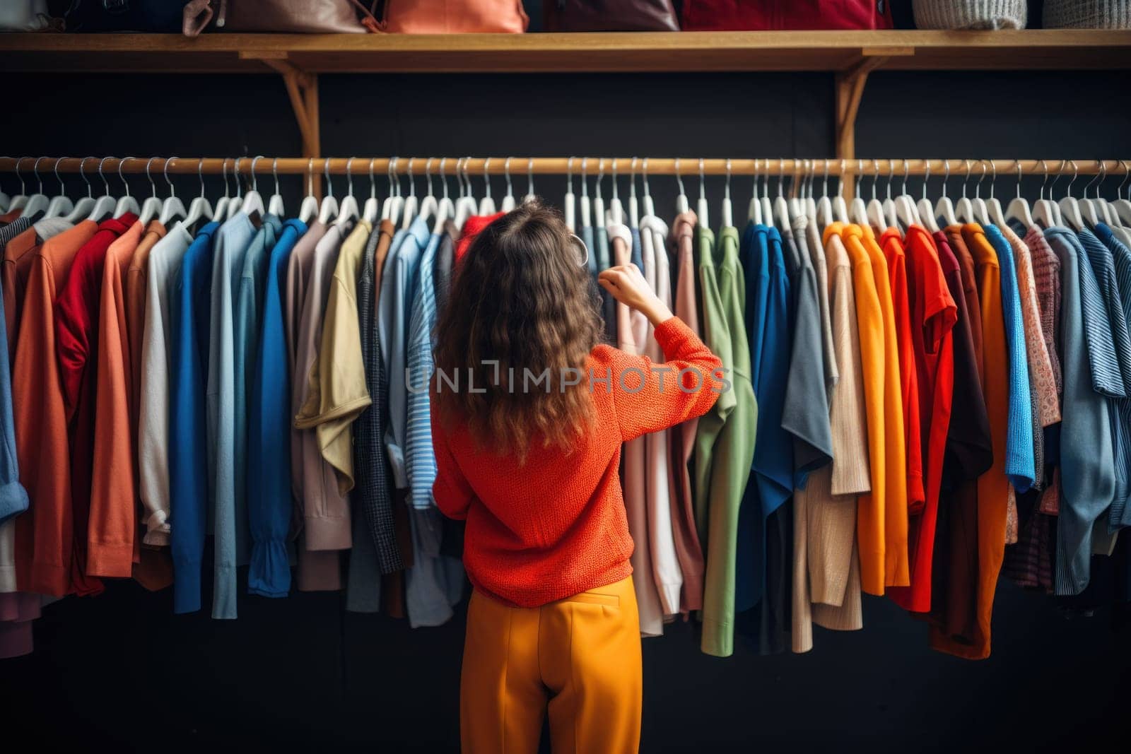 A shopper browsing through colorful clothing racks in a boutique.