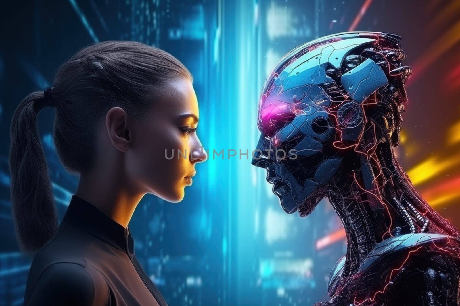 The face of a business people and a robot opposite each other look into the eyes, versus concept.