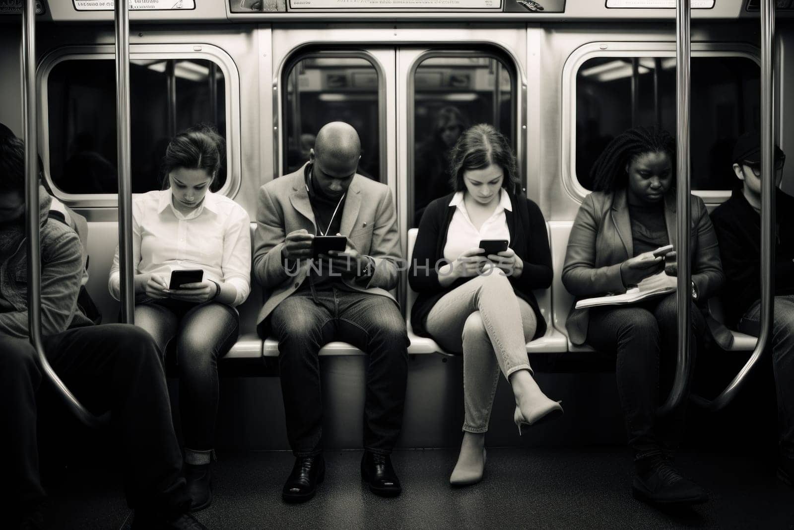 Photo of peoples sitting in subway and using smart phone.