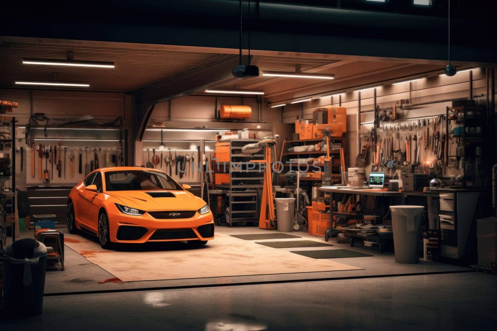 Photo of car garage complete with workshop equipment.