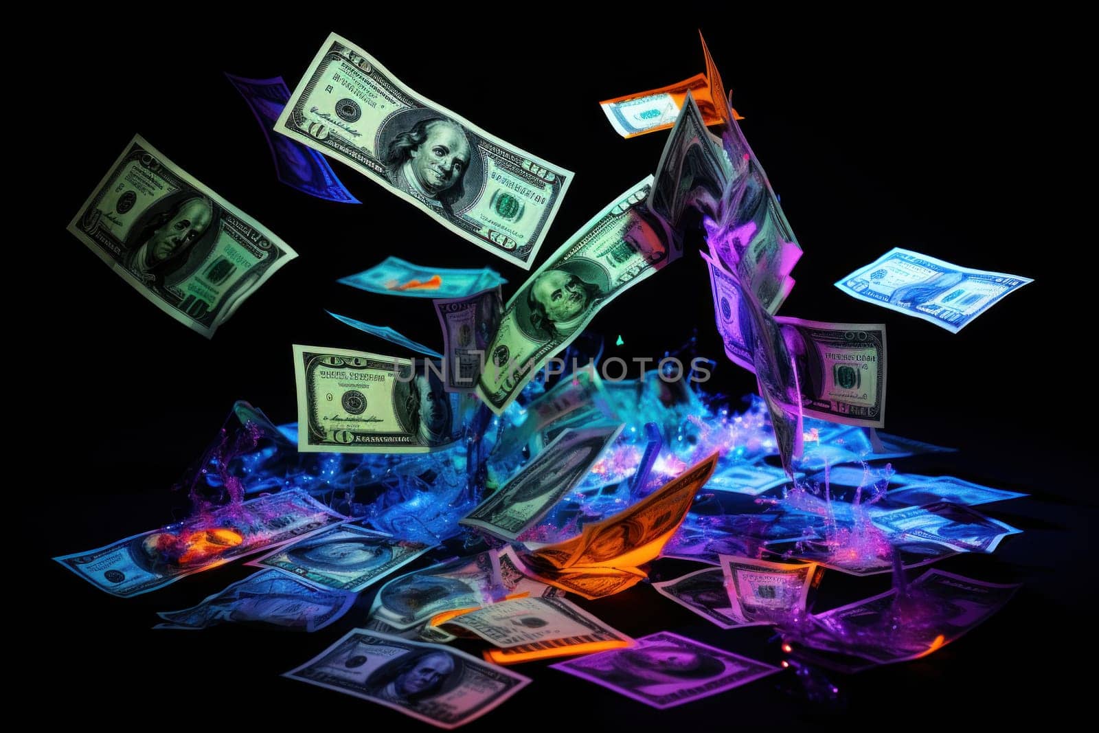 dollar bills falling with Neon colorful background.