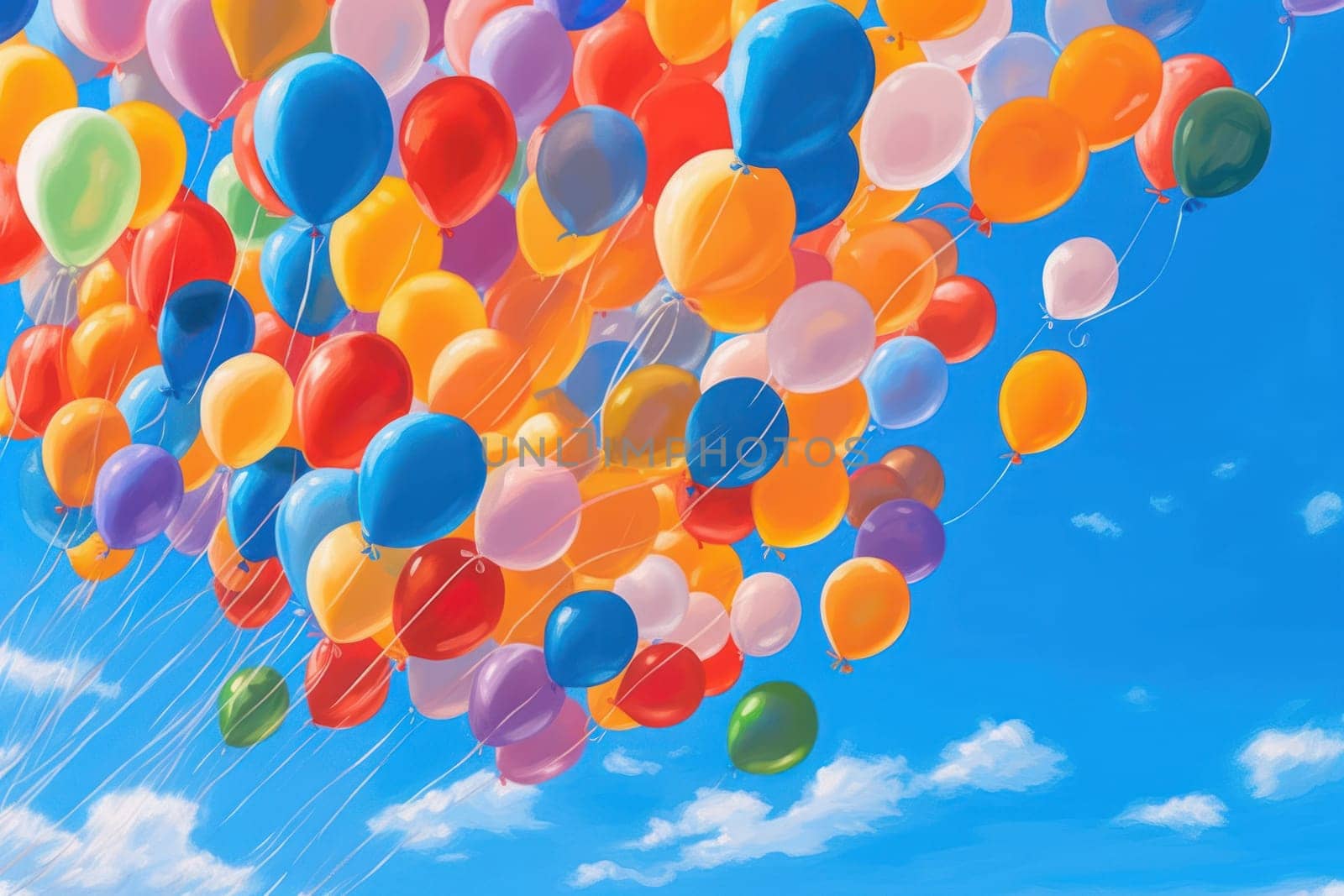 Colorful balloons floating against a clear blue sky, Generative AI.