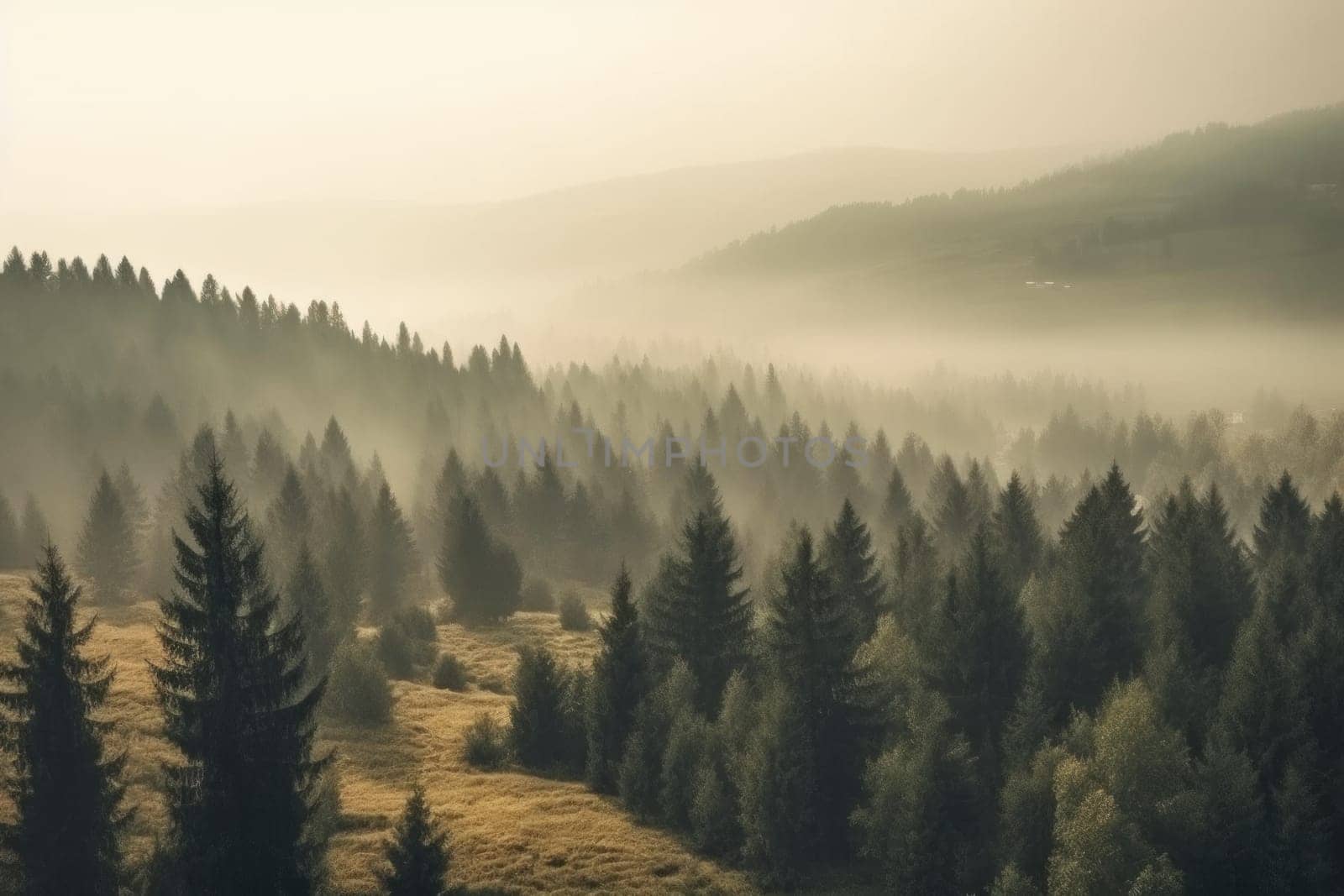 Misty landscape with fir forest in hipster vintage retro style, Vintage foggy mountain landscape.