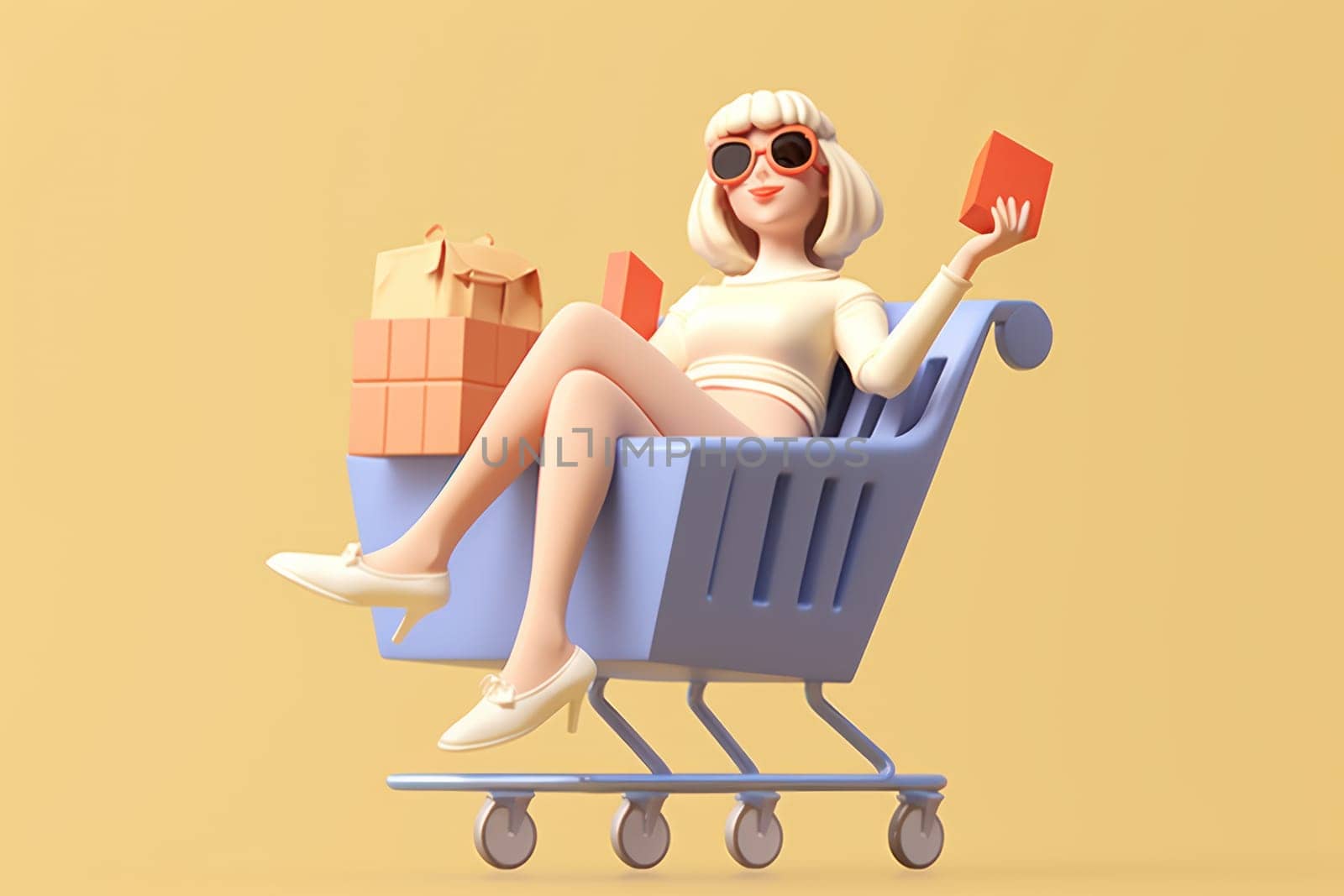 A girl is sitting in a shopping cart beige background 3d icon clay render Generative AI.