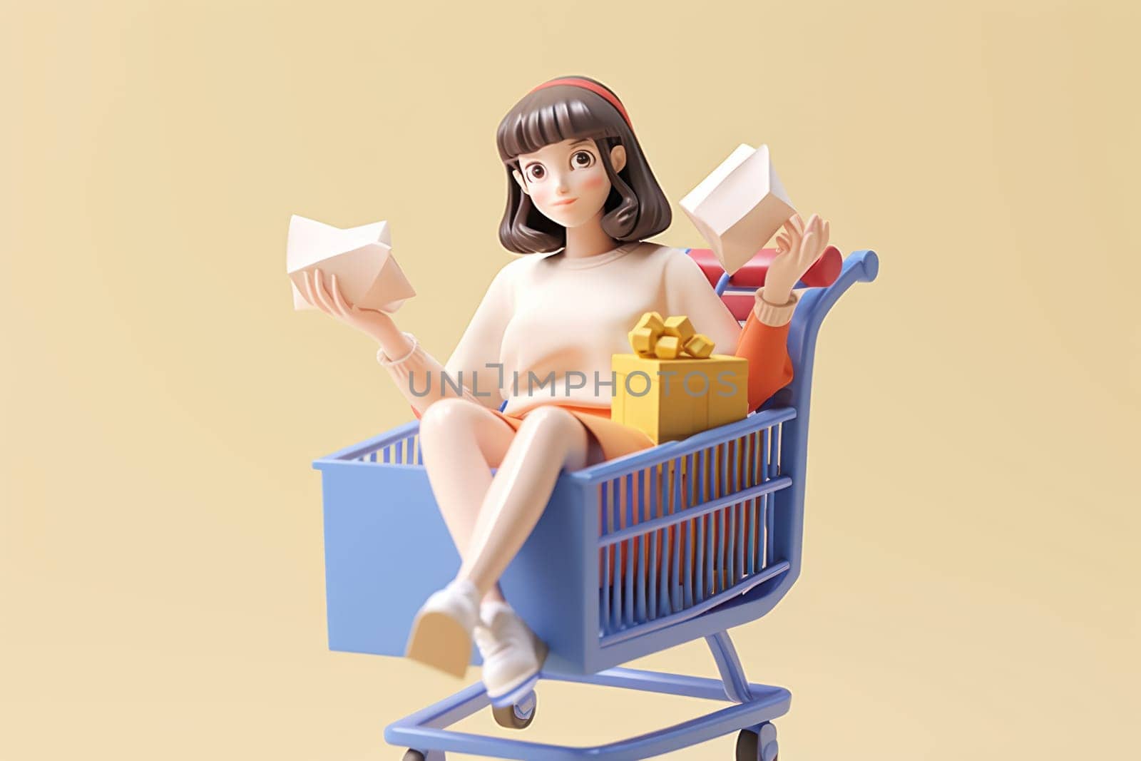A girl is sitting in a shopping cart beige background 3d icon clay render Generative AI.