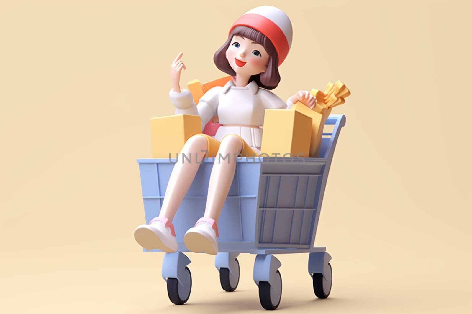 A girl is sitting in a shopping cart beige background 3d icon clay render Generative AI.
