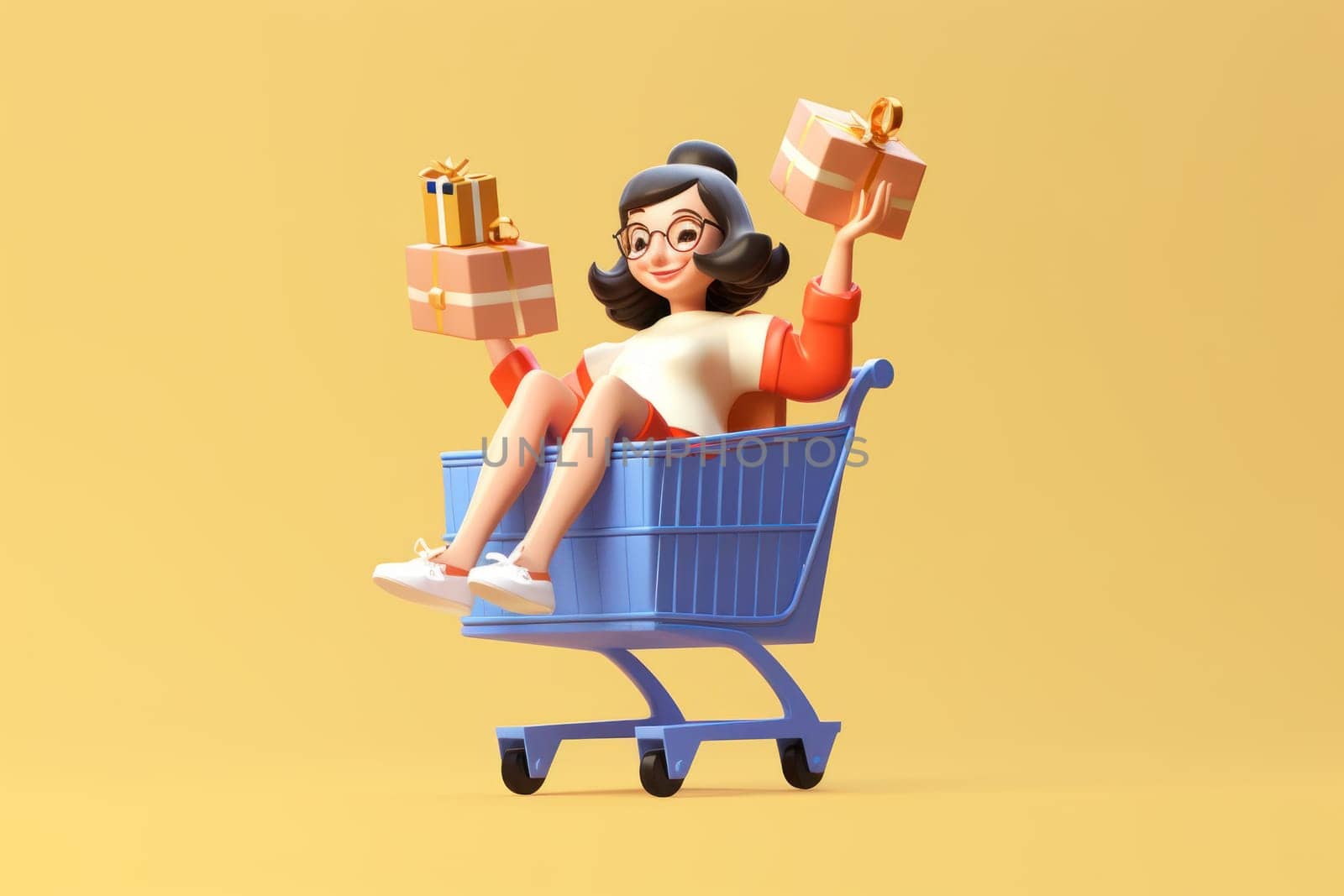 A girl is sitting in a shopping cart beige background 3d icon clay render Generative AI.