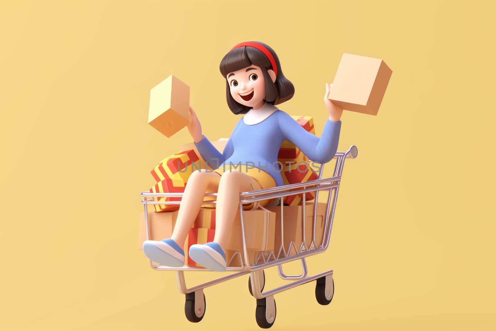 A girl is sitting in a shopping cart beige background 3d icon clay render Generative AI.