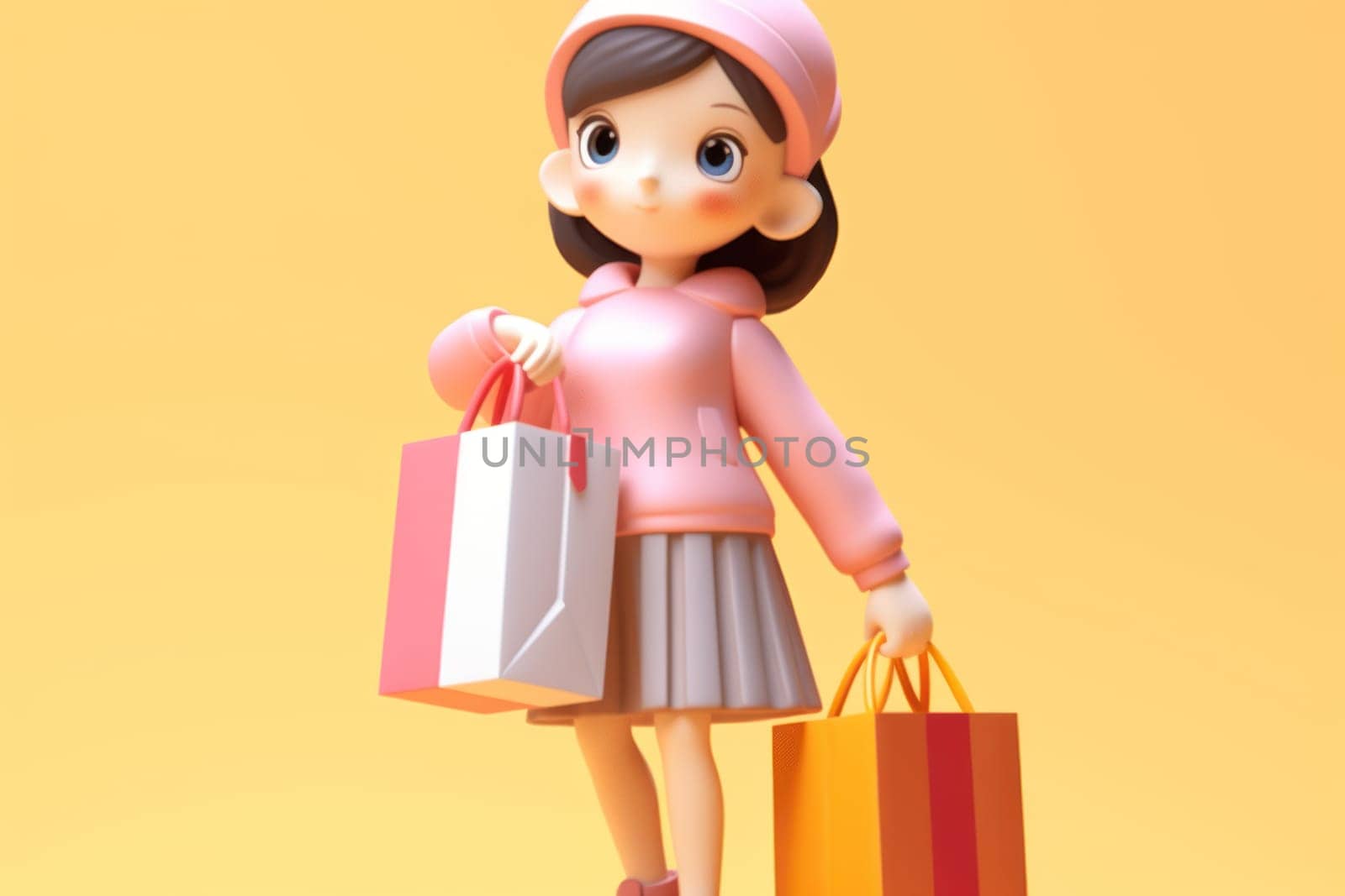 A girl and shopping cart shopping concept 3d Tiny cute isometric Generative AI.