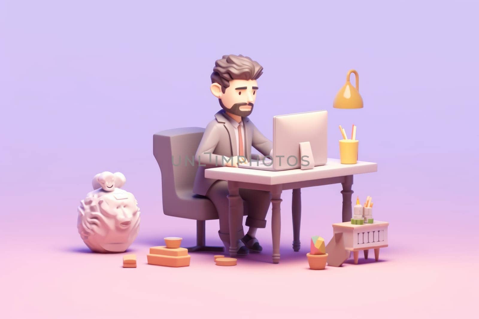 A business boy working with laptop on desk 3D Tiny cute isometric Generative AI.
