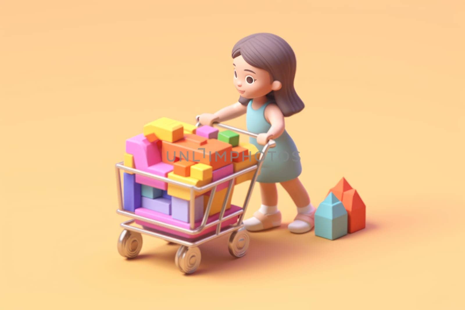 A girl and shopping cart shopping concept 3d Tiny cute isometric Generative AI.