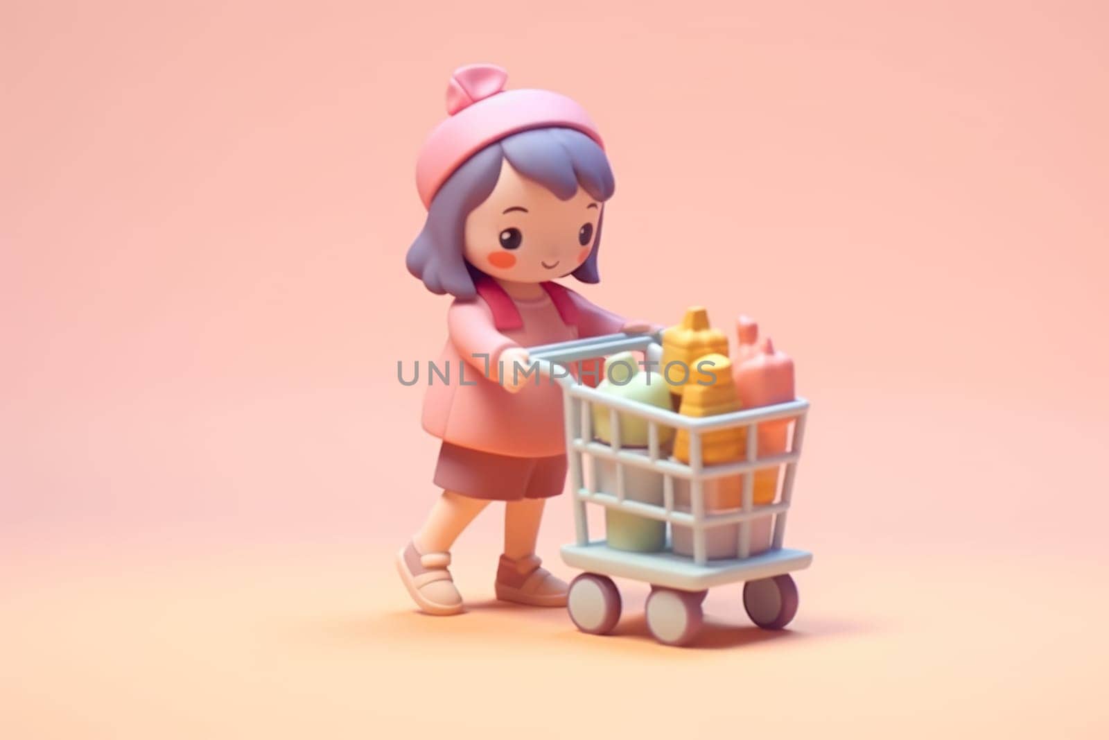 A girl and shopping cart shopping concept 3d Tiny cute isometric Generative AI.