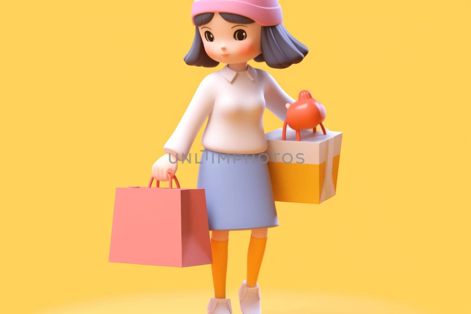 A girl and shopping cart shopping concept 3d Tiny cute isometric Generative AI.