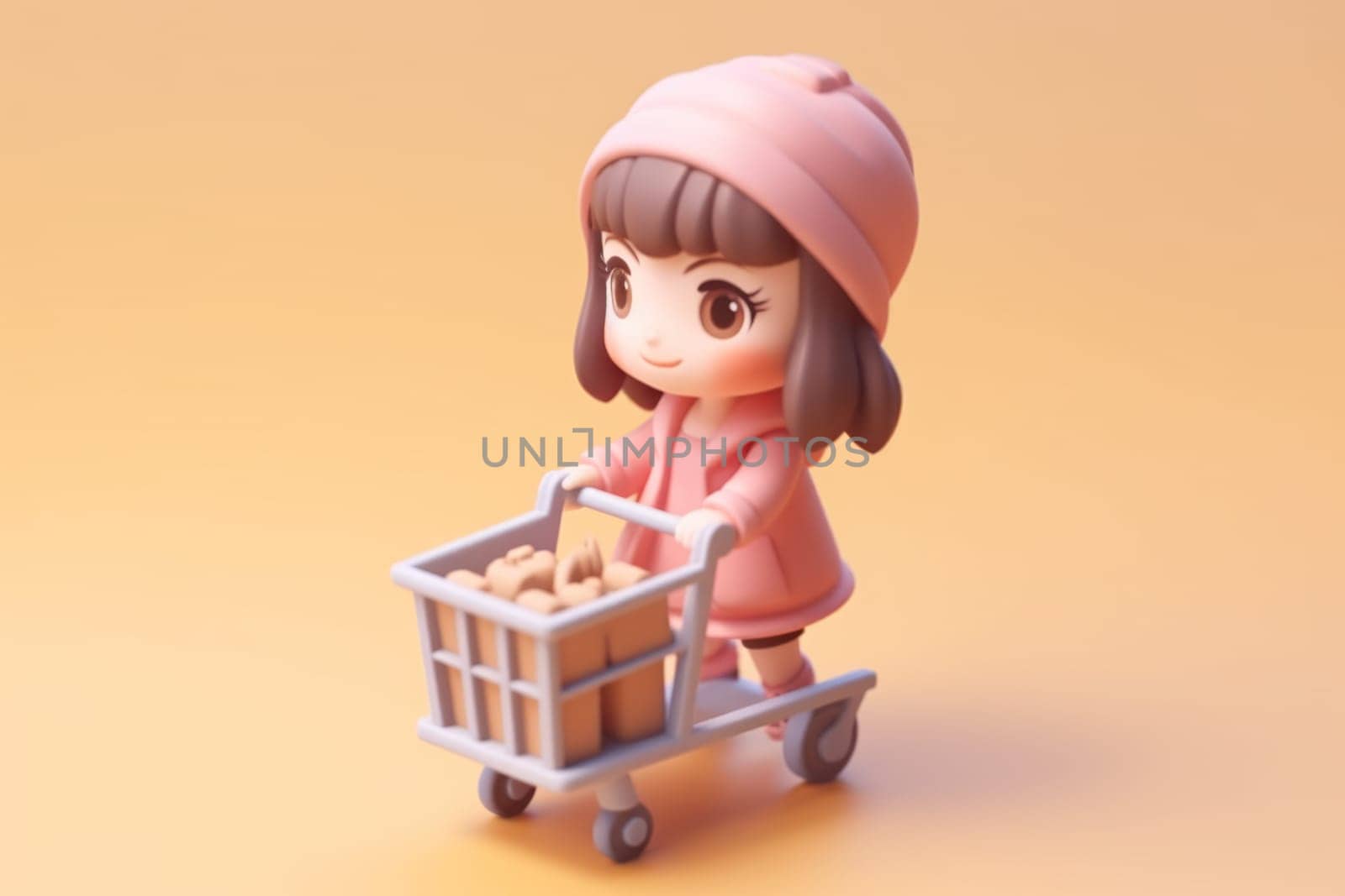 A girl and shopping cart shopping concept 3d Tiny cute isometric Generative AI.