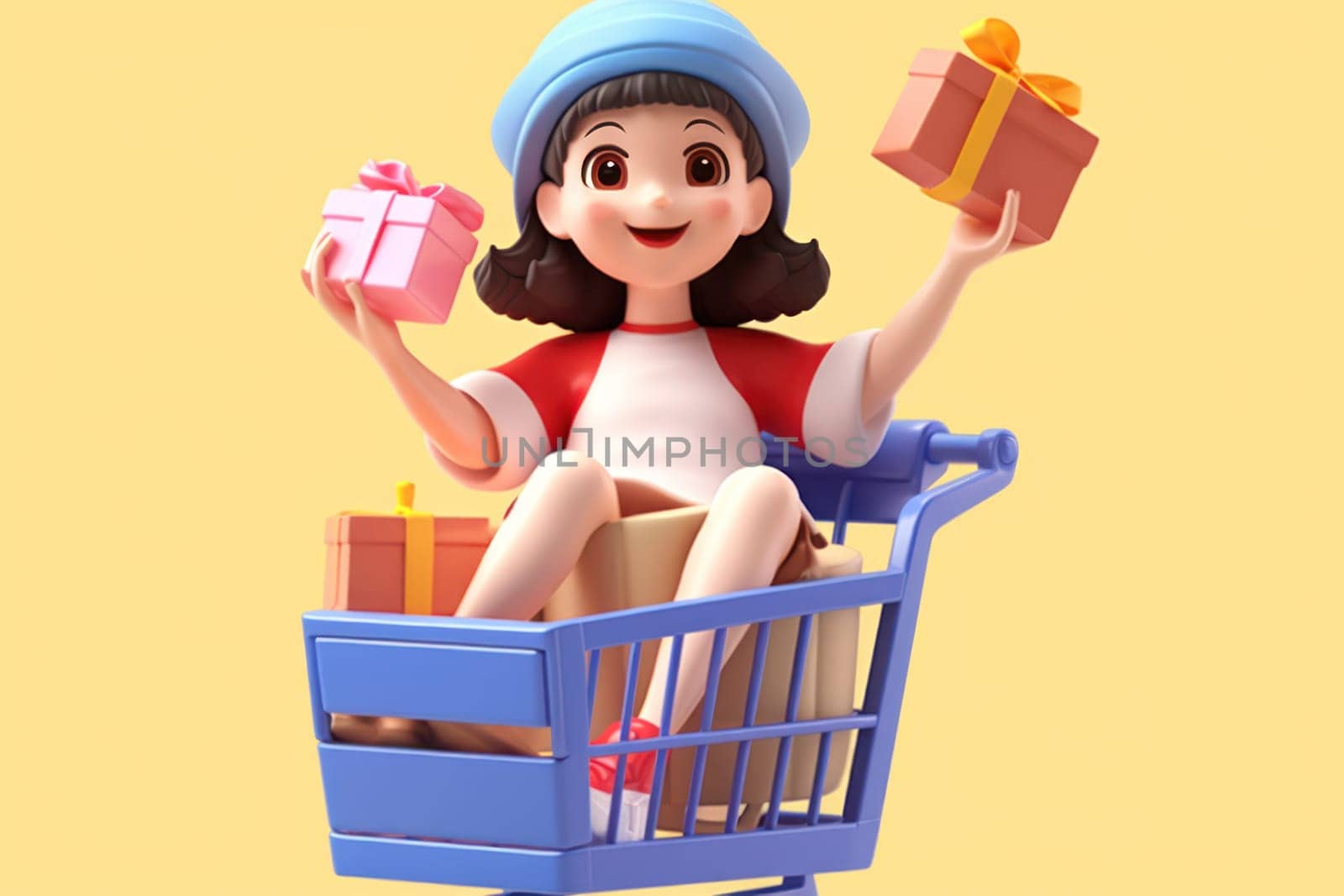 A girl and shopping cart shopping concept 3d Tiny cute isometric Generative AI.