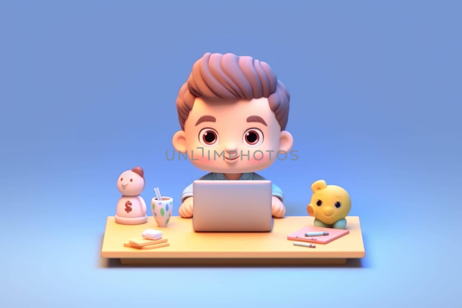 A business boy working with laptop on desk 3D Tiny cute isometric Generative AI.
