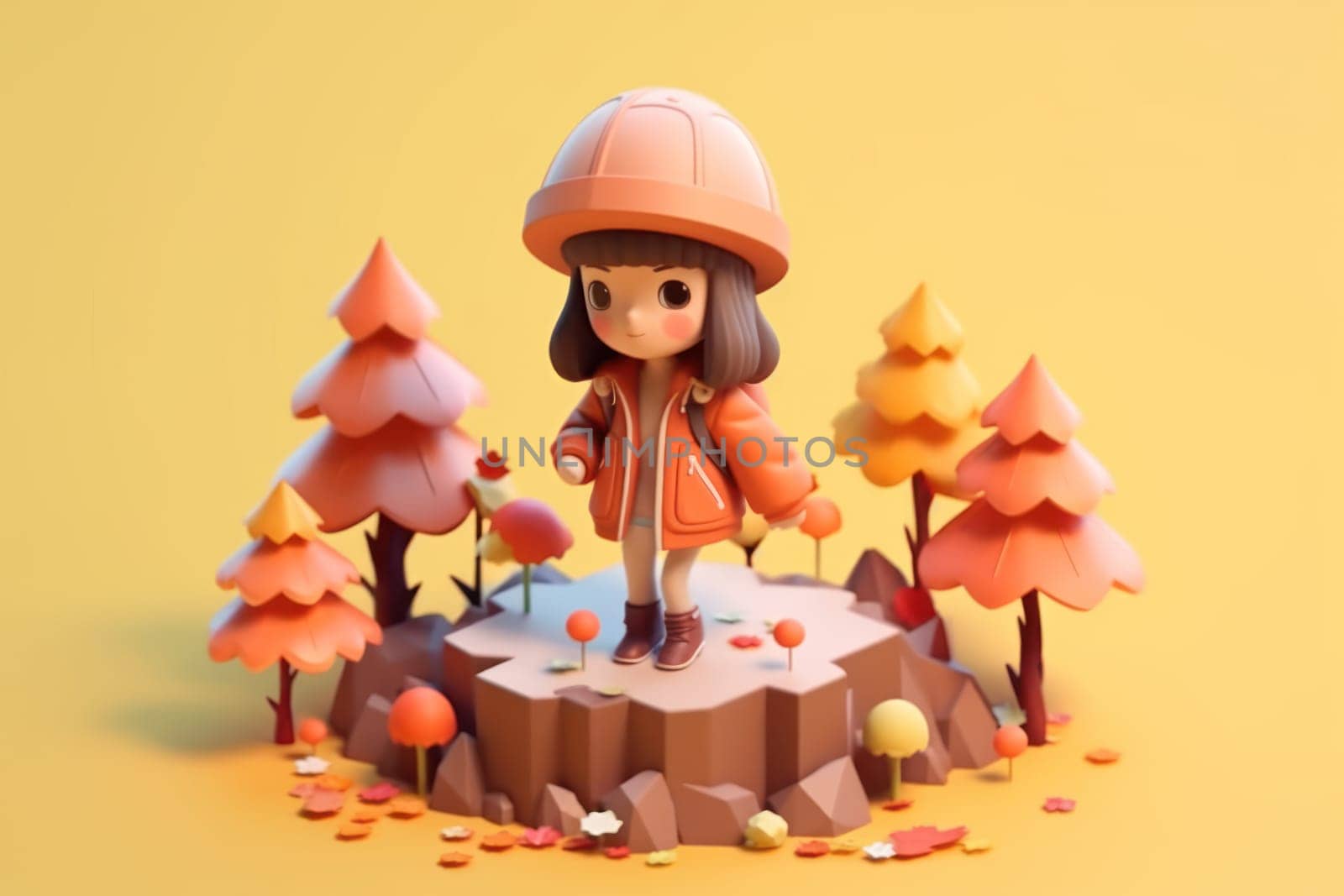 A girl walking in autumn season concept 3d Tiny cute isometric Generative AI.