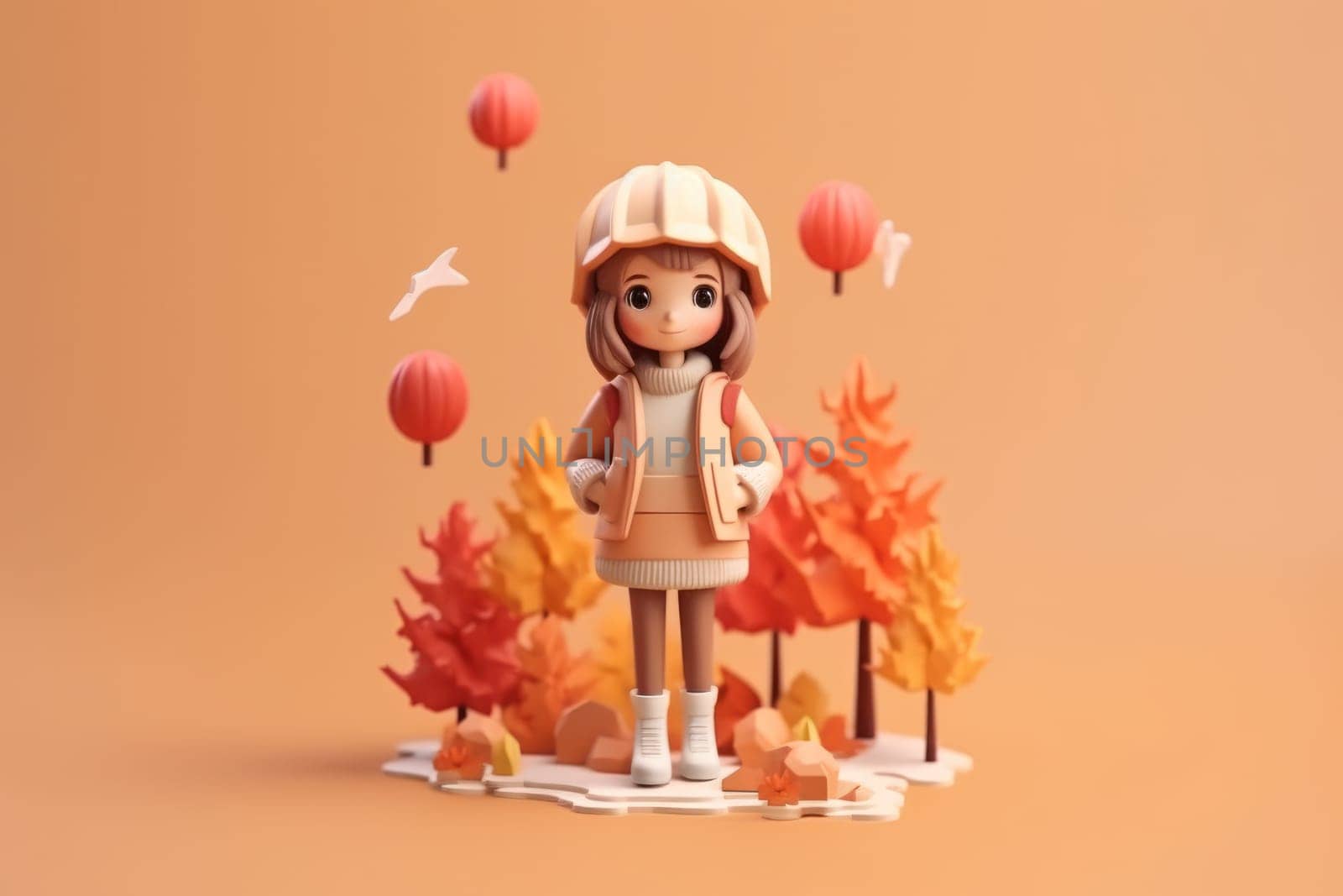 A girl walking in autumn season concept 3d Tiny cute isometric Generative AI.