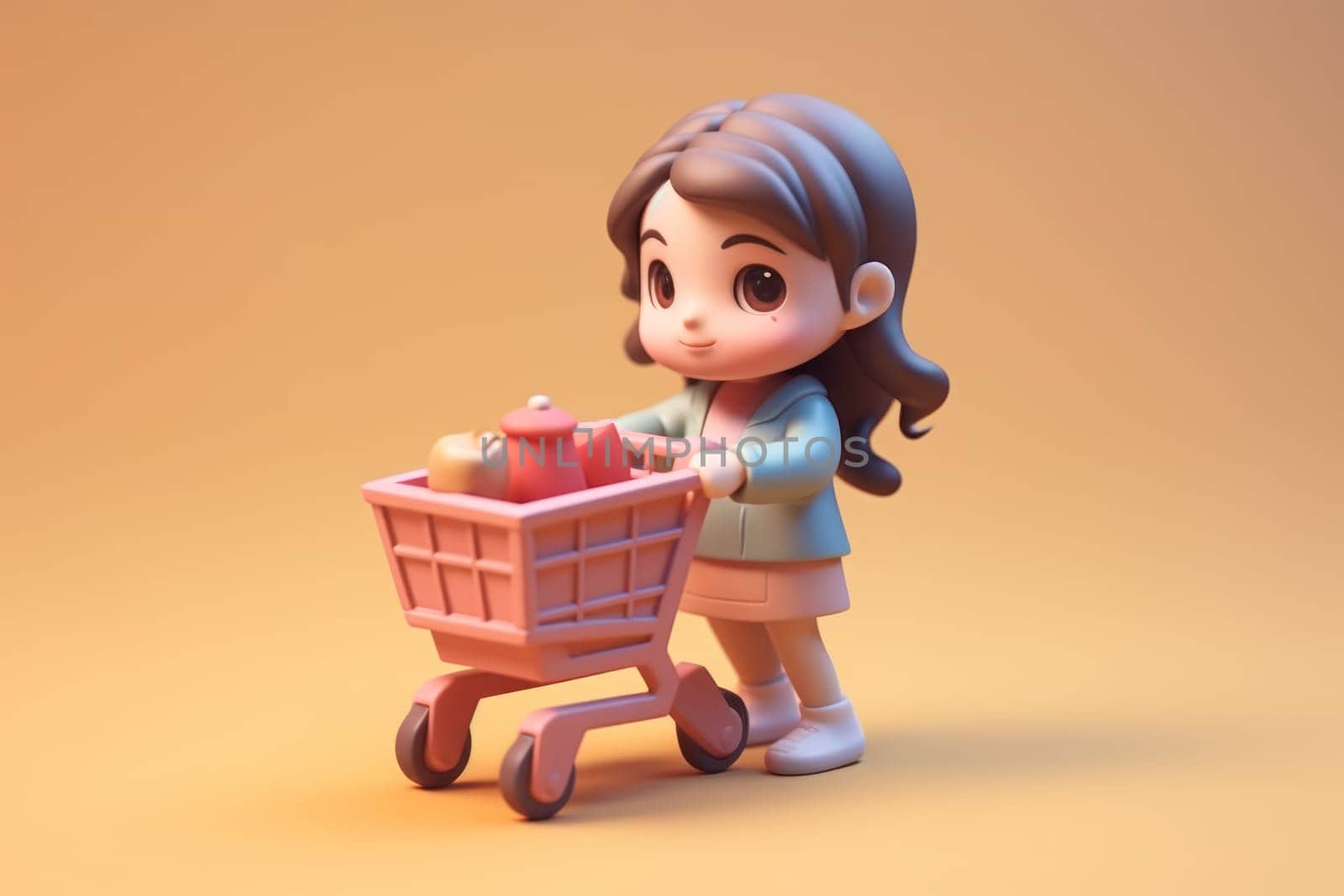 A girl and shopping cart shopping concept 3d Tiny cute isometric Generative AI.