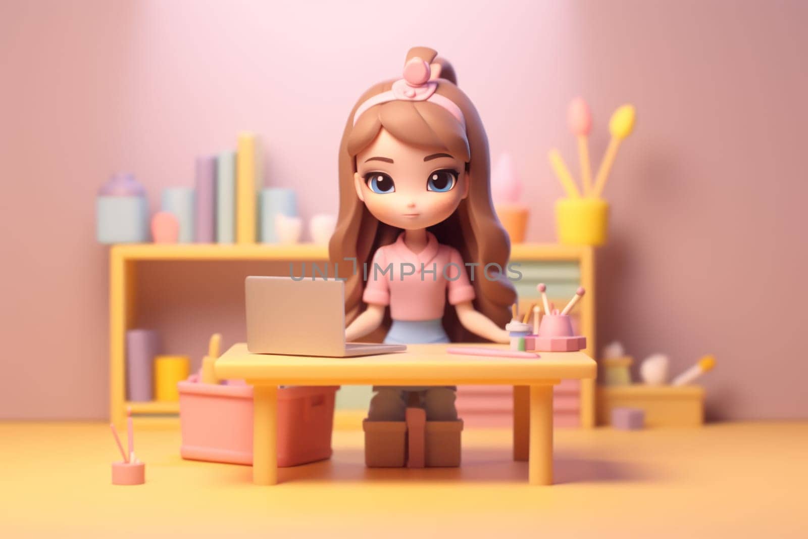 A business girl working with laptop on desk 3D Tiny cute isometric Generative AI by nijieimu