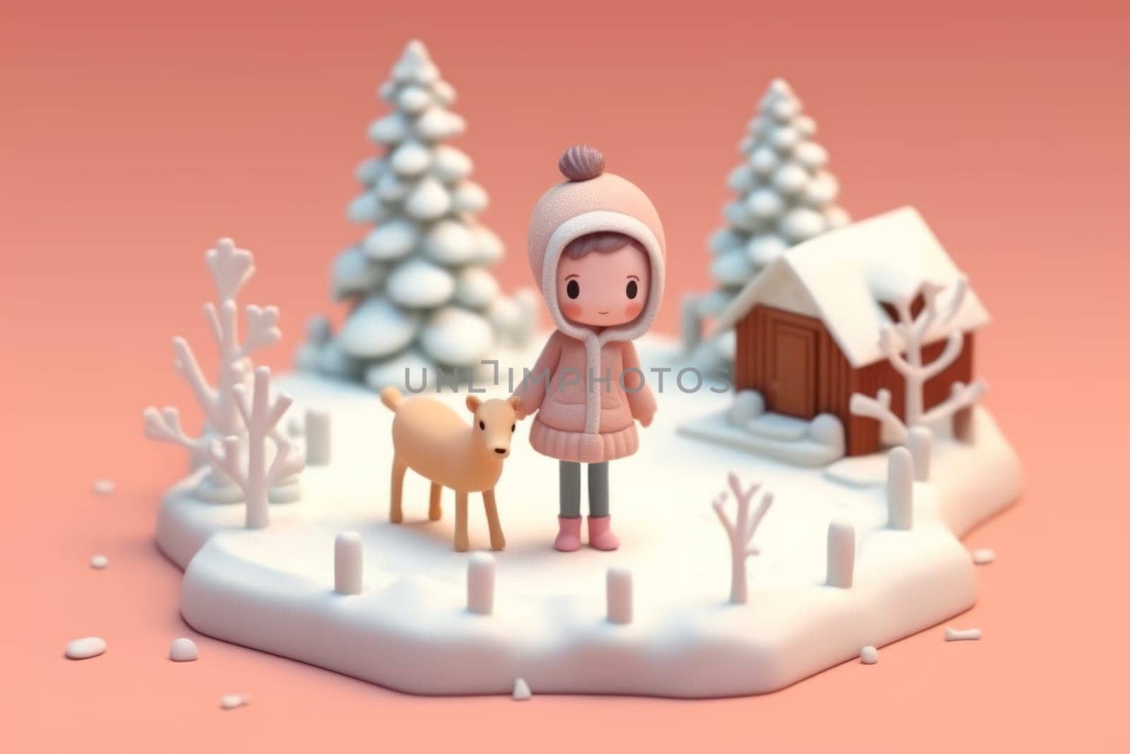 A girl walking in winter season concept 3d Tiny cute isometric Generative AI.