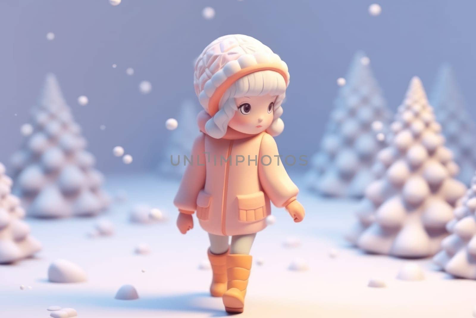 A girl walking in winter season concept 3d Tiny cute isometric Generative AI.