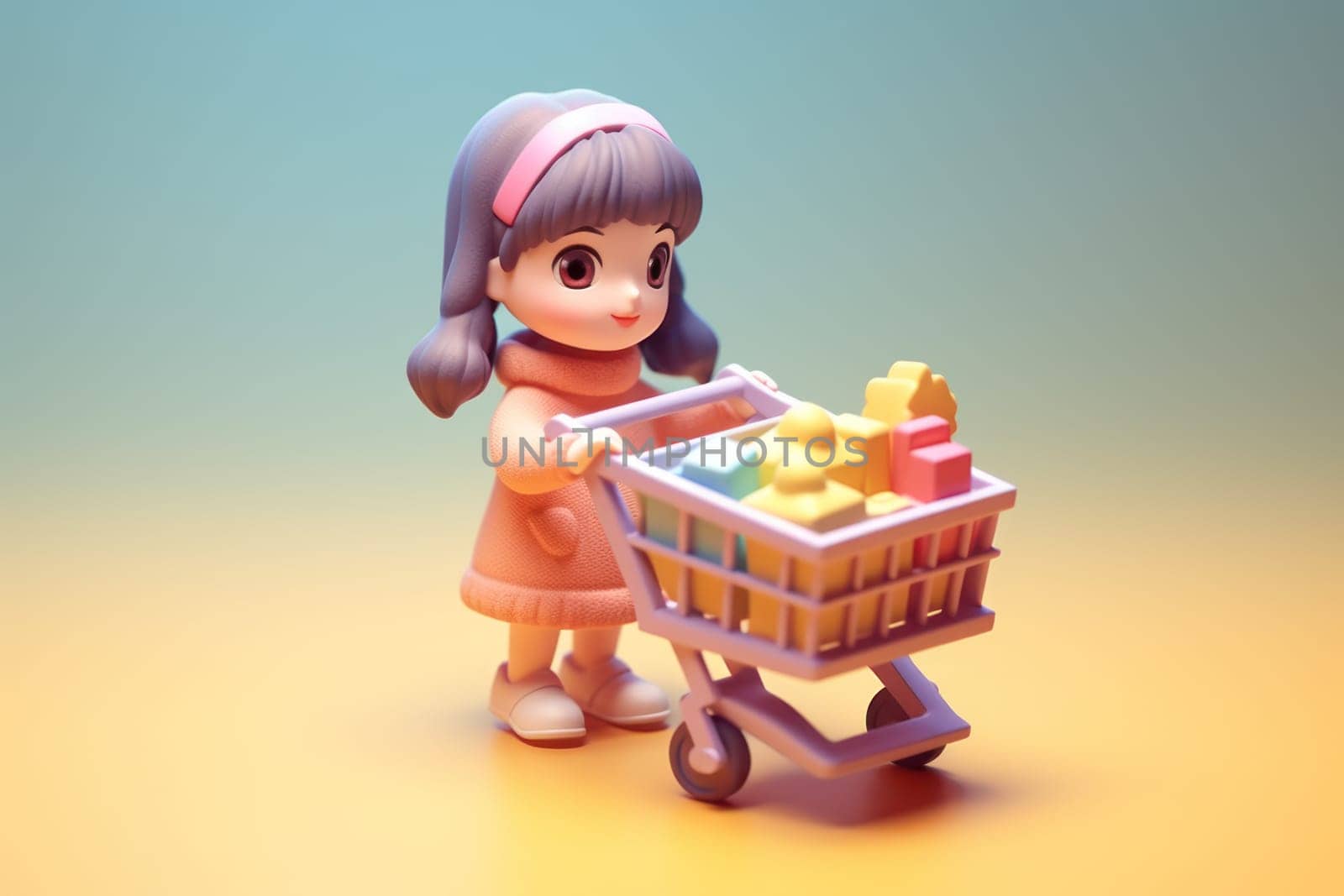 A girl and shopping cart shopping concept 3d Tiny cute isometric Generative AI.