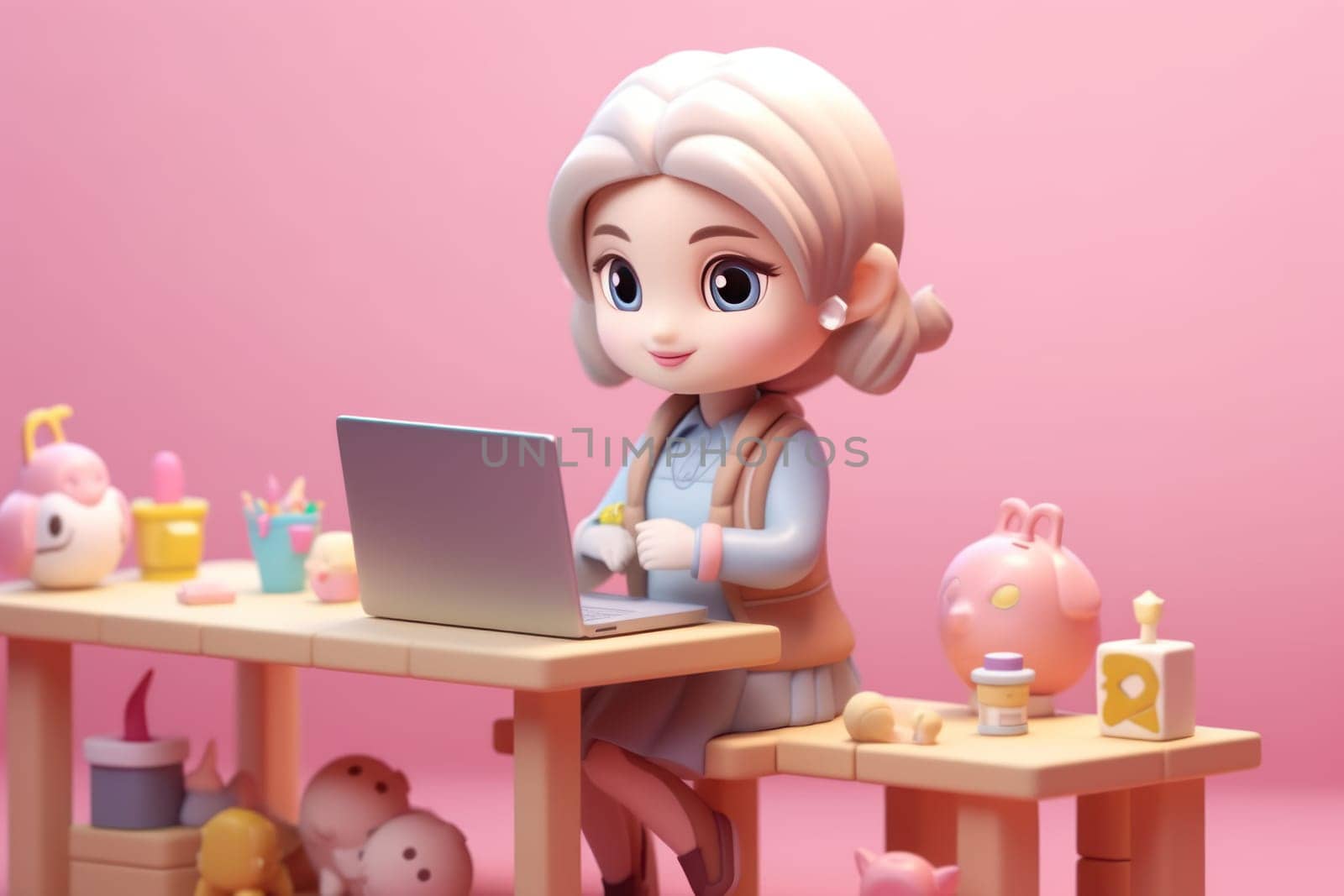 A business girl working with laptop on desk 3D Tiny cute isometric Generative AI by nijieimu