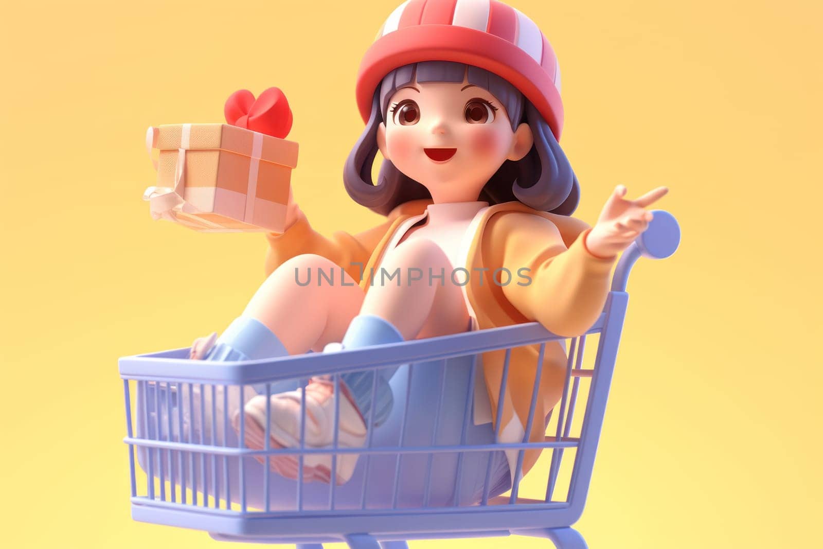 A girl and shopping cart shopping concept 3d Tiny cute isometric Generative AI.