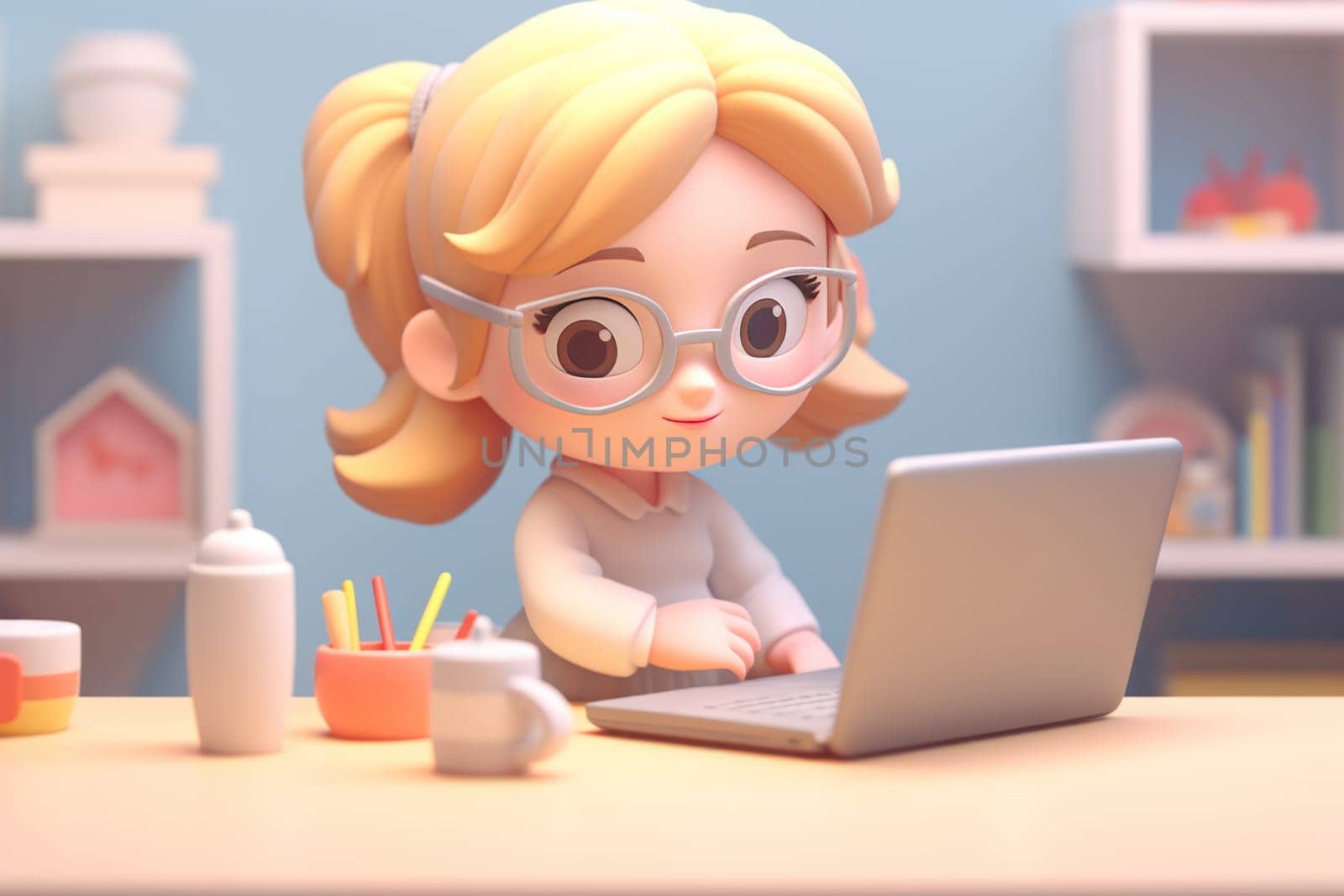 A business girl working with laptop on desk 3D Tiny cute isometric Generative AI by nijieimu