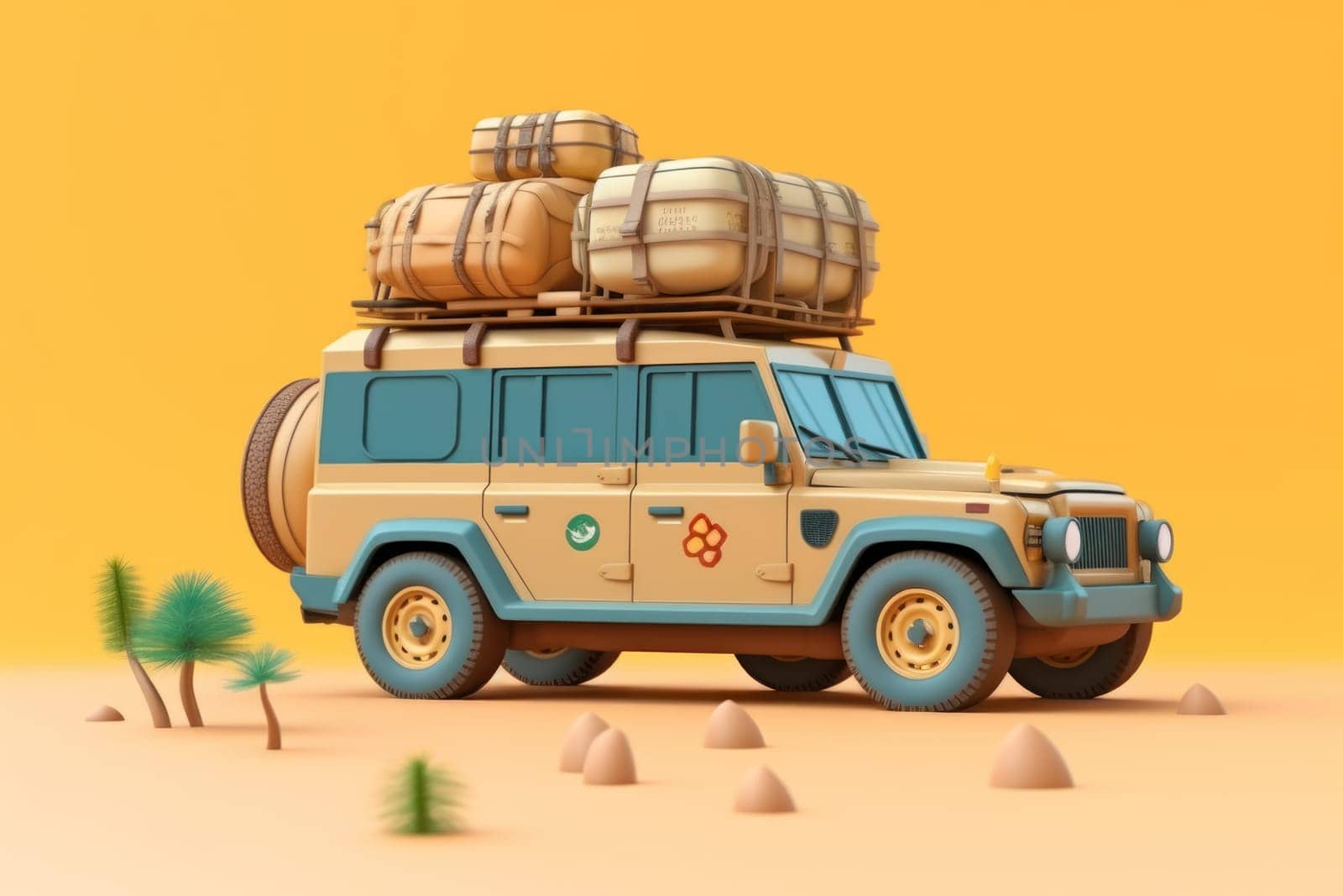 Summer vacation travel holiday van and beach accessories with beautiful sea background Generative AI.