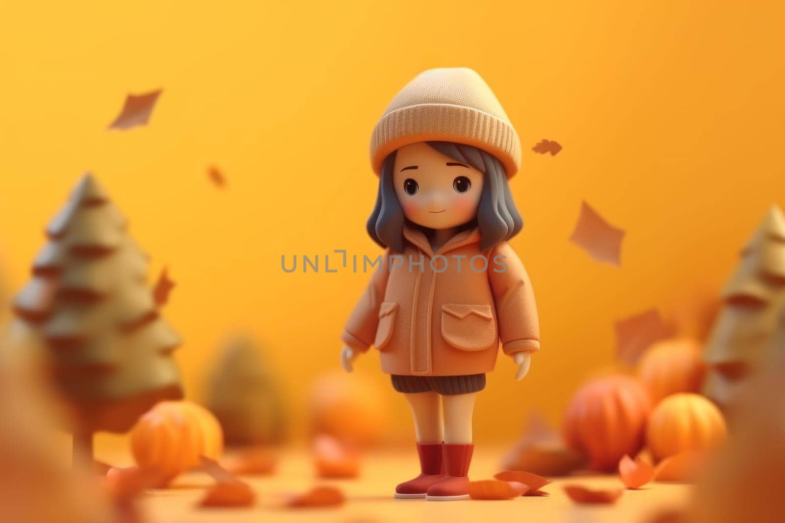 A girl walking in autumn season concept 3d Tiny cute isometric Generative AI.