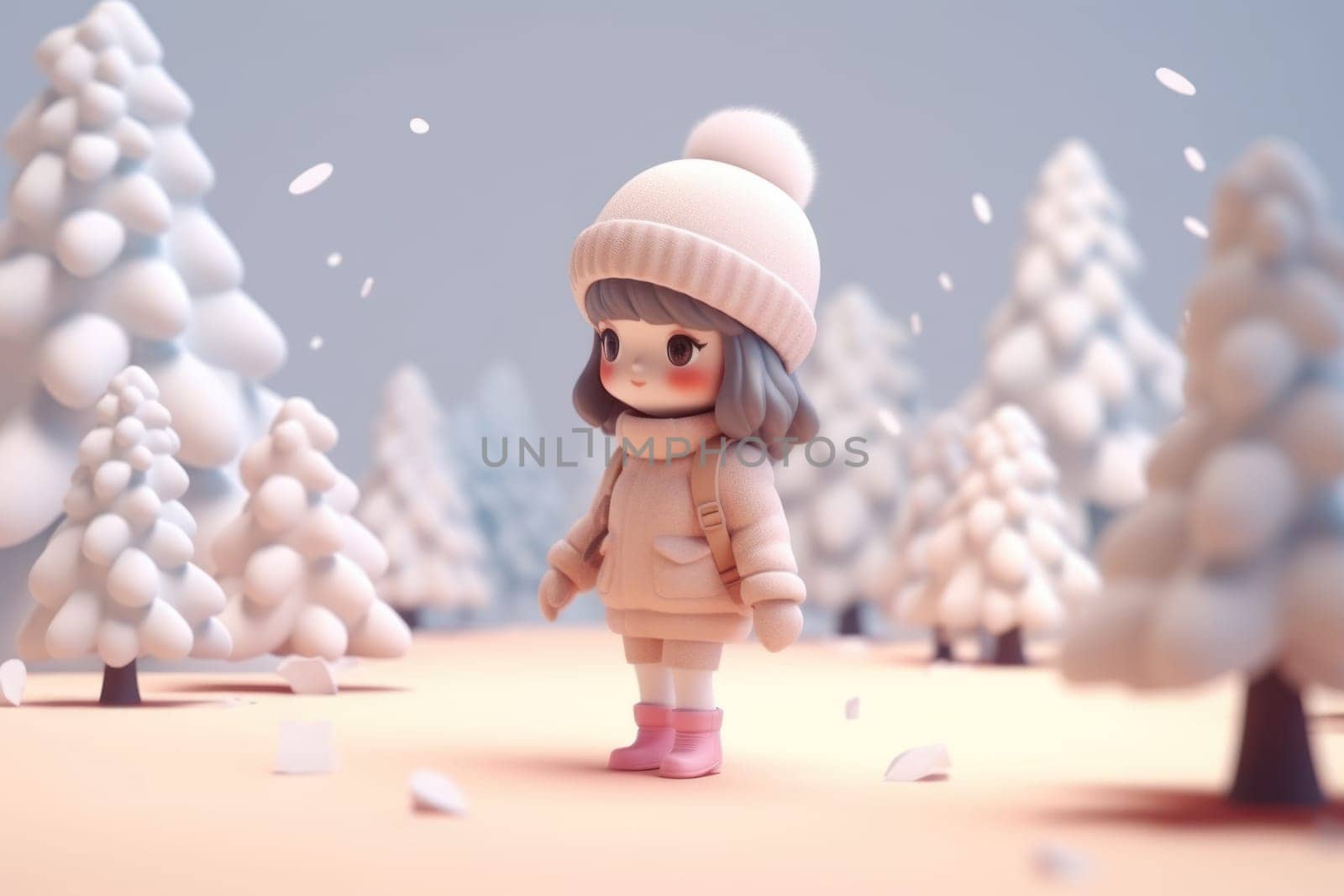 A girl walking in winter season concept 3d Tiny cute isometric Generative AI.