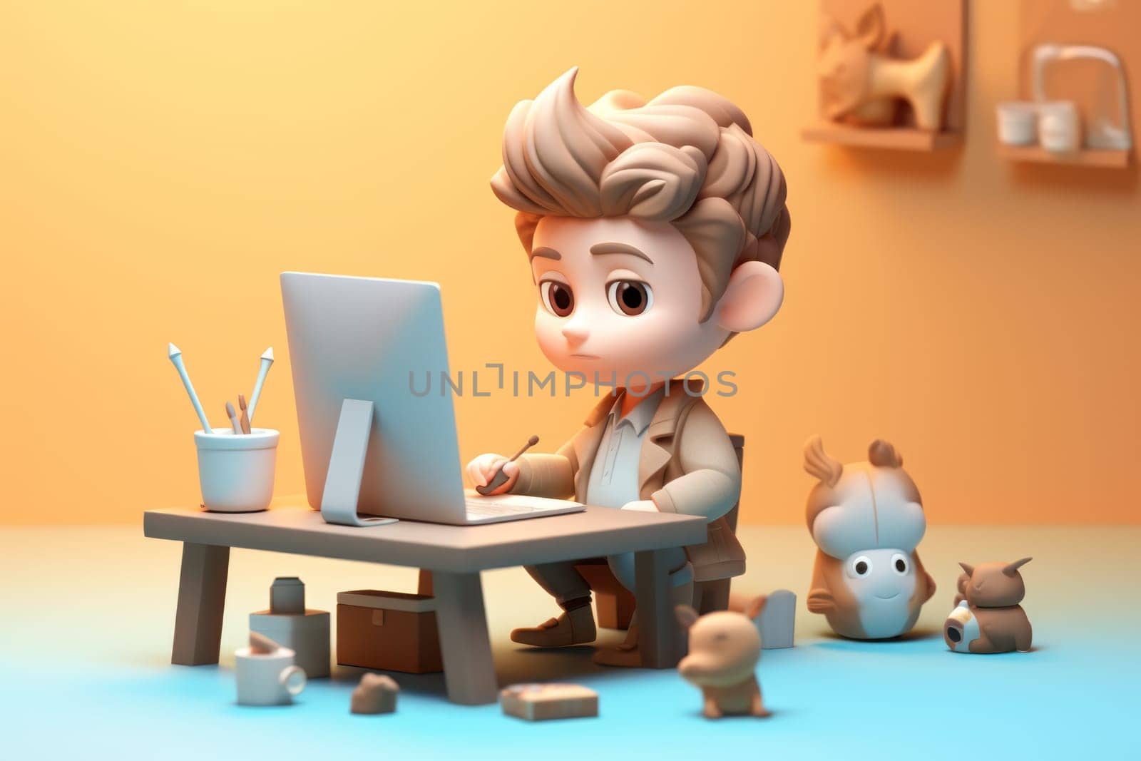 A business boy working with laptop on desk 3D Tiny cute isometric Generative AI.