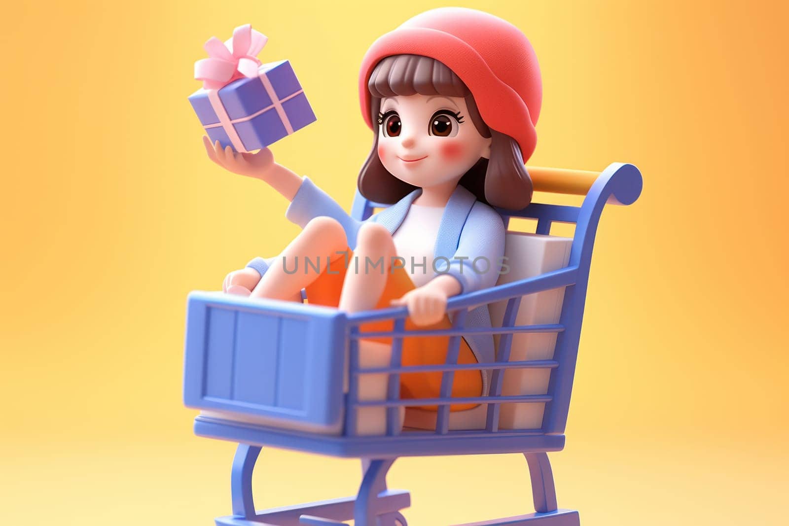 A girl and shopping cart shopping concept 3d Tiny cute isometric Generative AI.