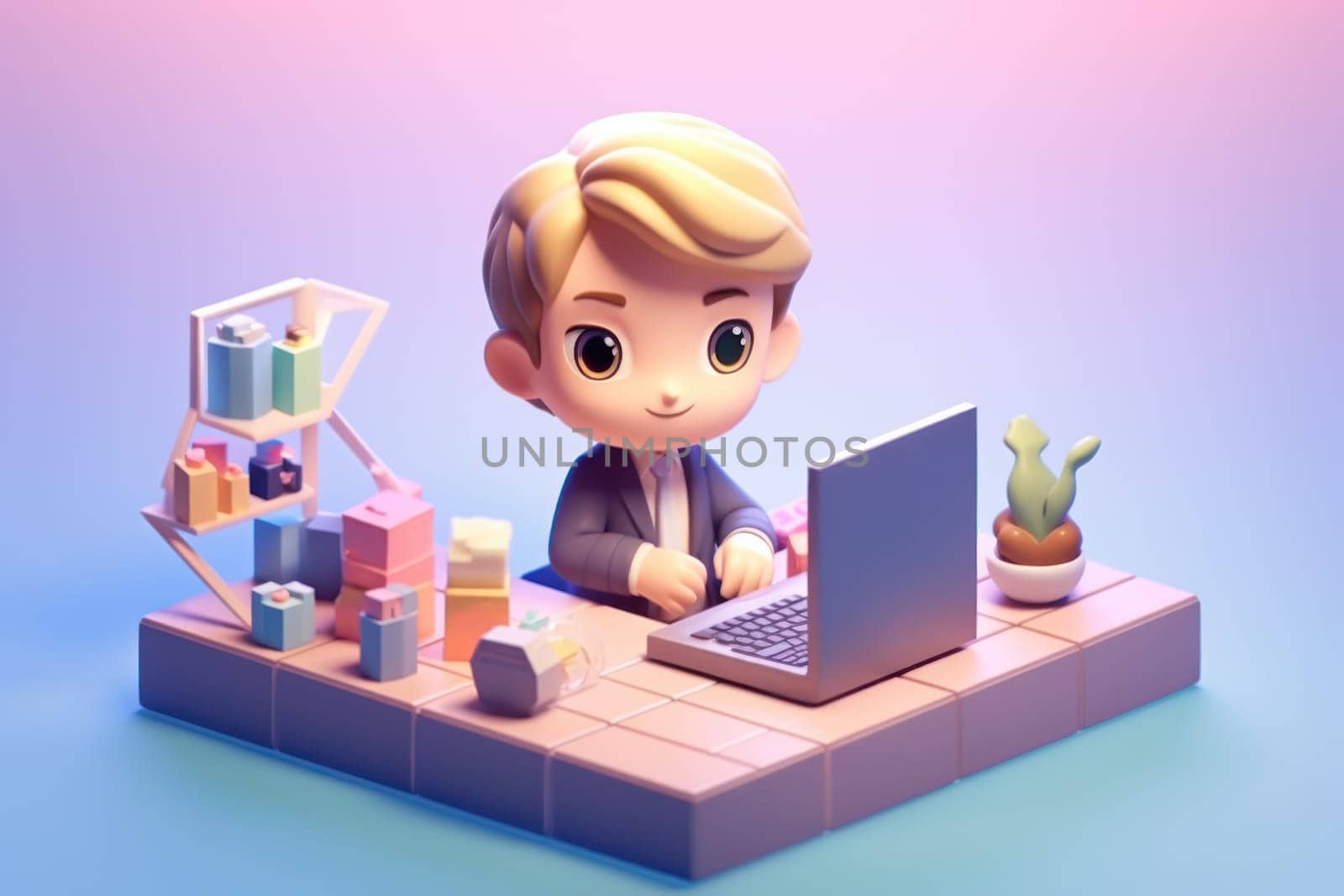 A business boy working with laptop on desk 3D Tiny cute isometric Generative AI.