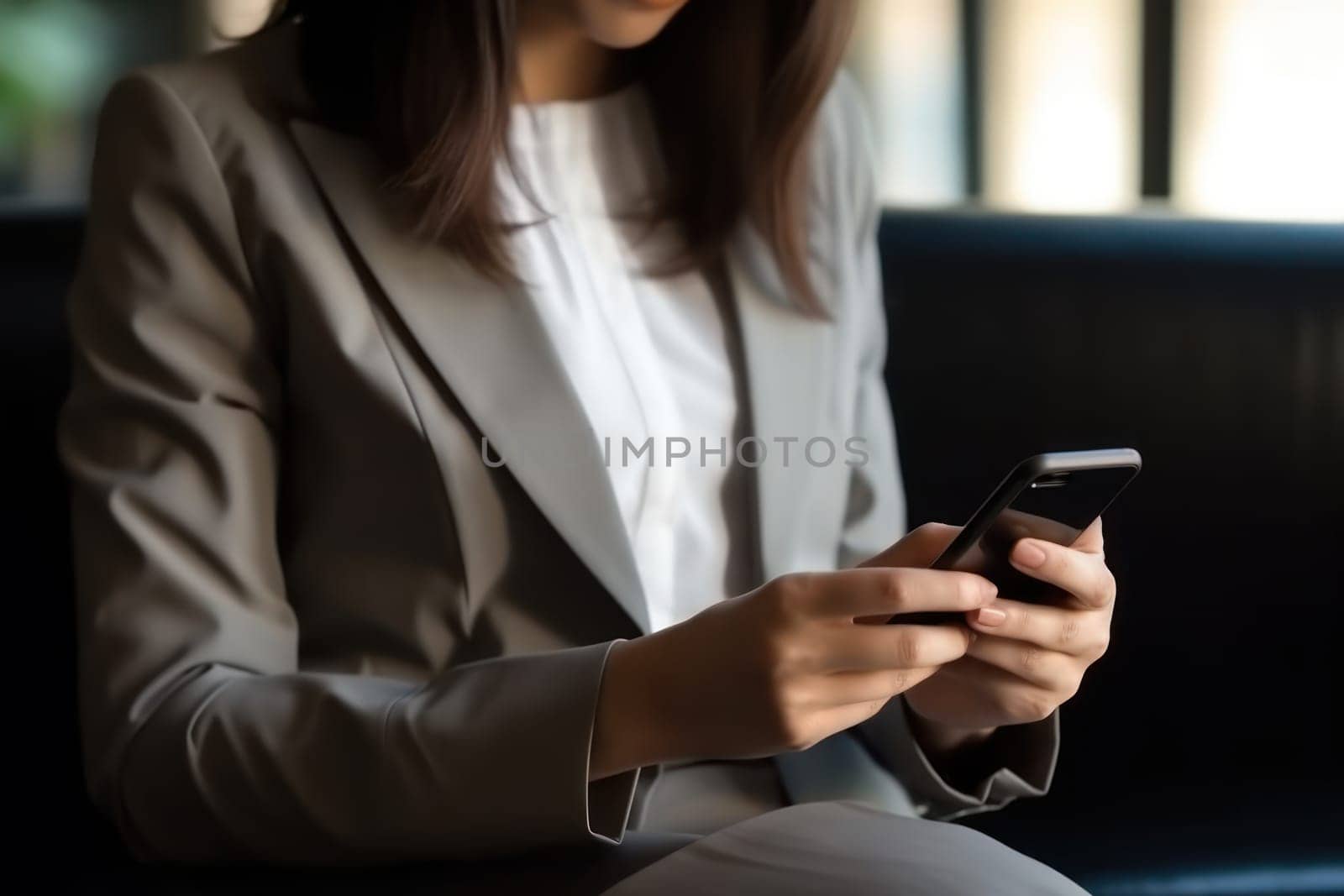 Close up hand use smart phone Chatting and messaging concept Generative AI.