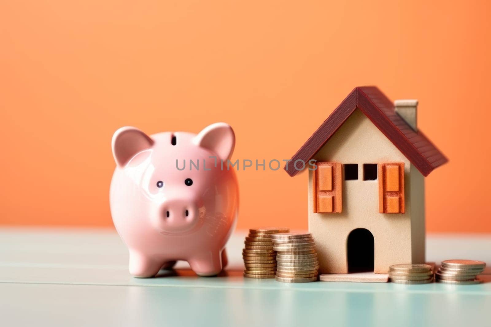 Model house piggy bank and coin Generative AI.