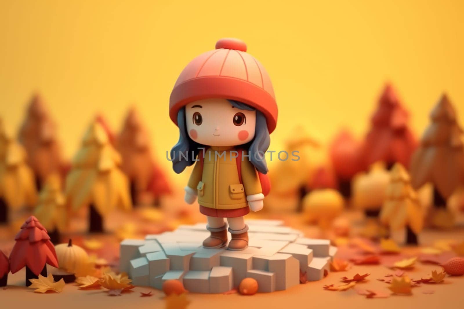 A girl walking in autumn season concept 3d Tiny cute isometric Generative AI.