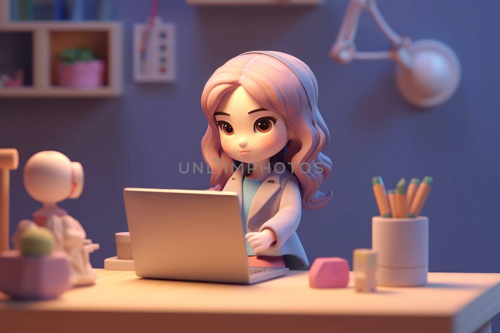 A business girl working with laptop on desk 3D Tiny cute isometric Generative AI by nijieimu