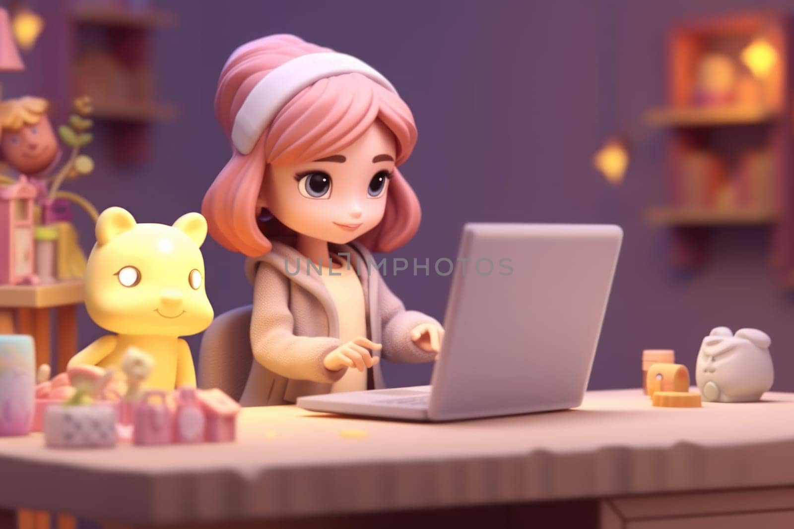 A business girl working with laptop on desk 3D Tiny cute isometric Generative AI by nijieimu