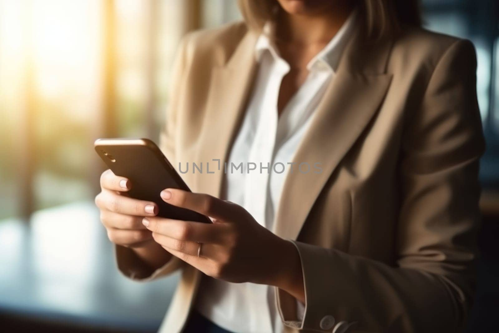 Close up hand use smart phone Chatting and messaging concept Generative AI.