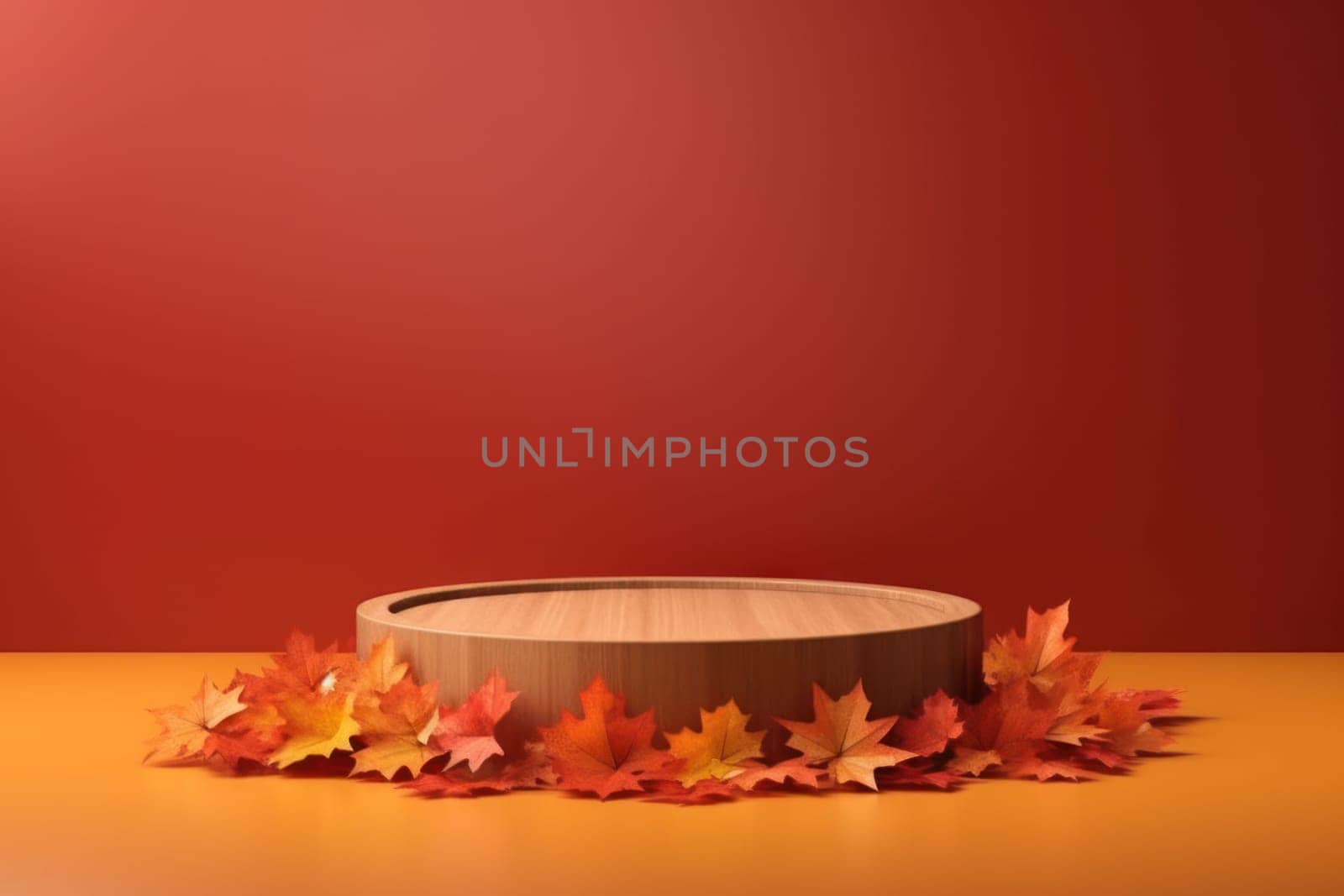 Minimal podium mockup on autumn background. Generative AI.
