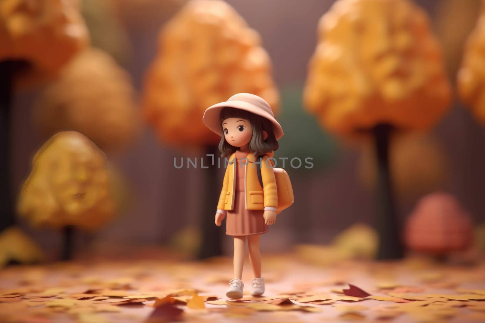 A girl walking in autumn season concept 3d Tiny cute isometric Generative AI.