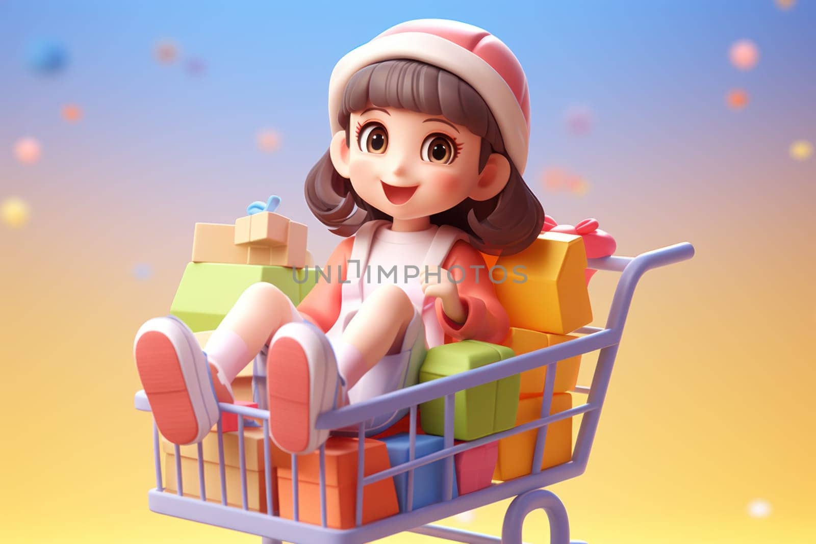 A girl and shopping cart shopping concept 3d Tiny cute isometric Generative AI.
