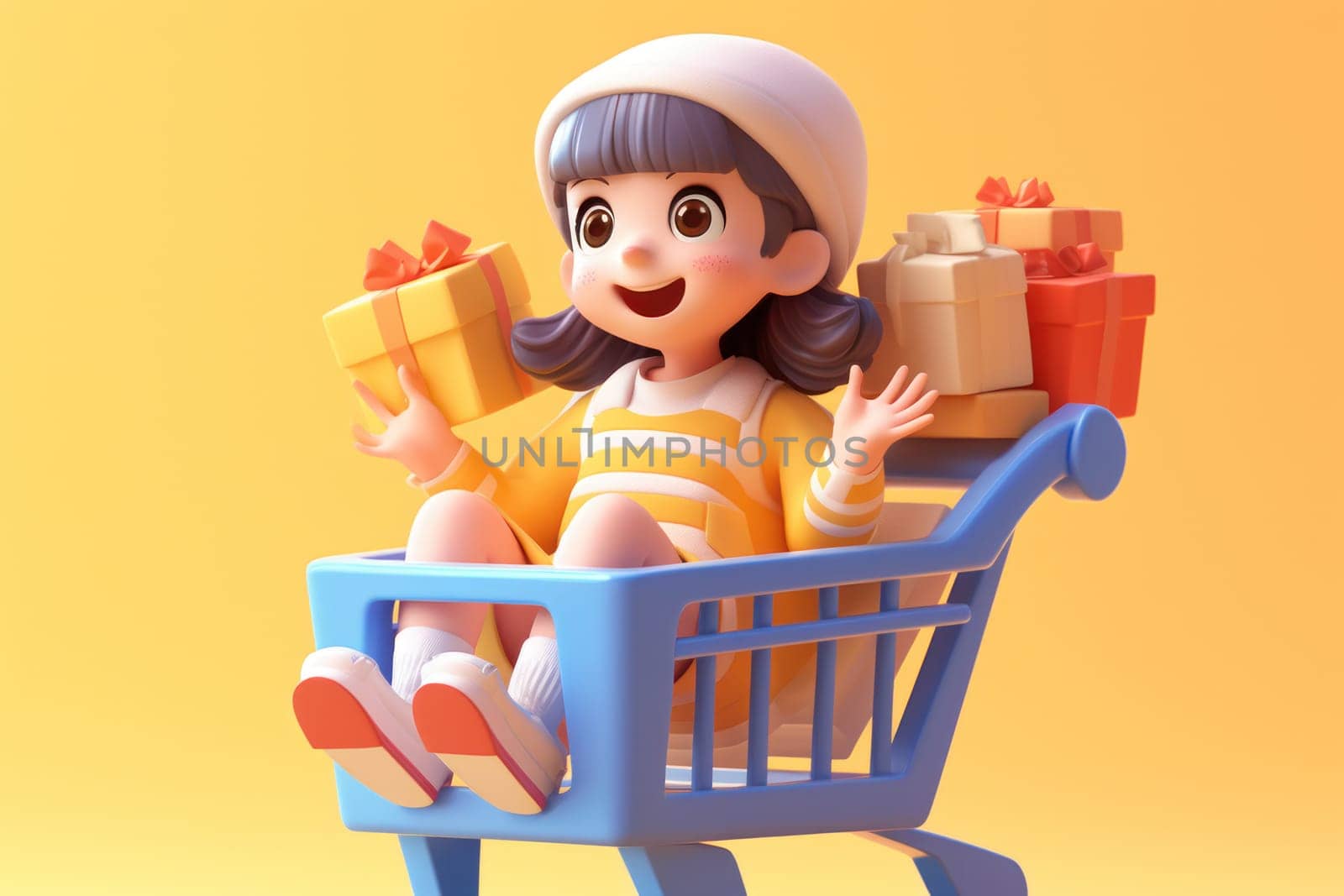 A girl and shopping cart shopping concept 3d Tiny cute isometric Generative AI.